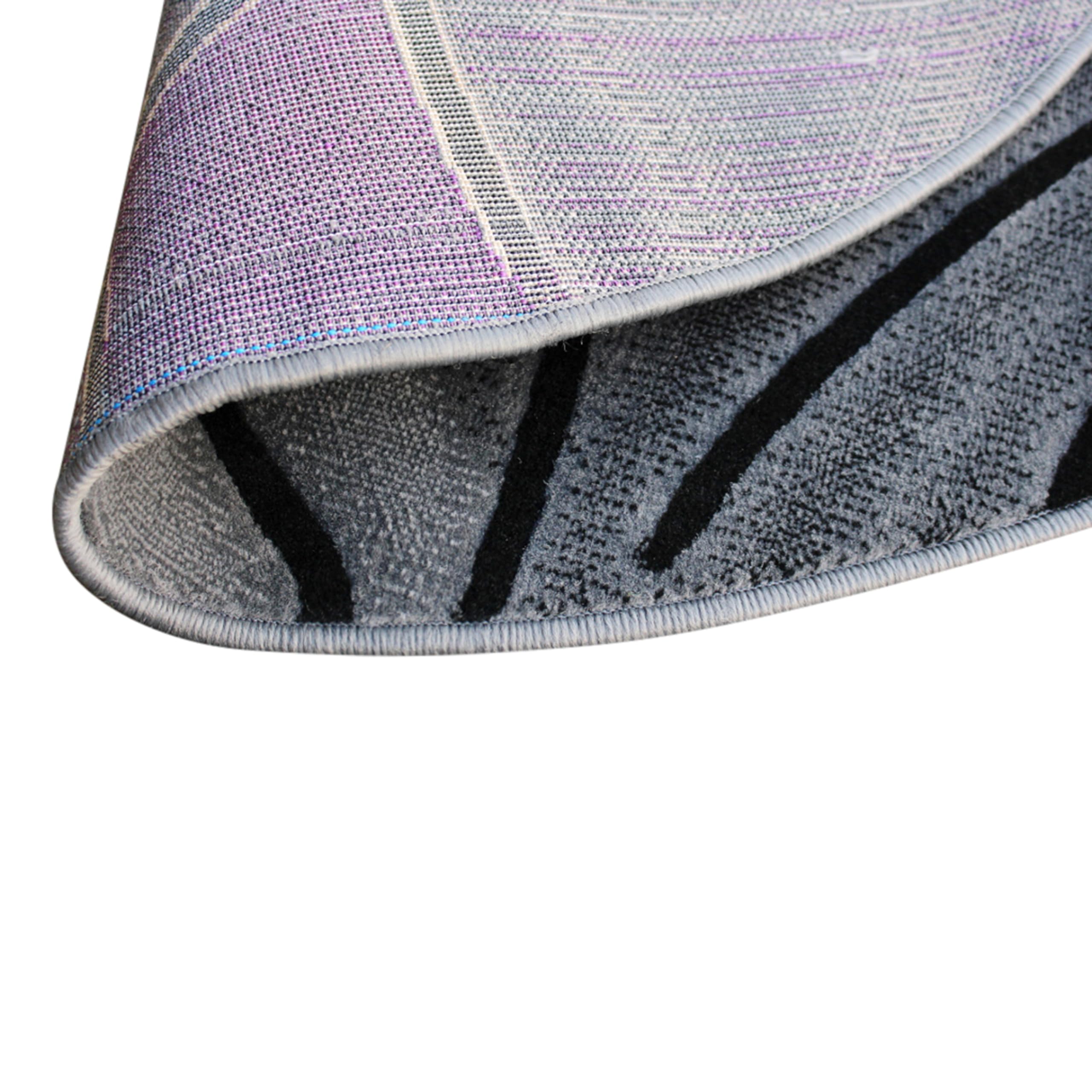EMMA + OLIVER 5x5 Round Plush Olefin Accent Rug - Abstract Geometric Pattern with Gradient Gray & Purple Shades - Stain & Moisture Resistant - Perfect for Living Room, Bedroom or Office Decor