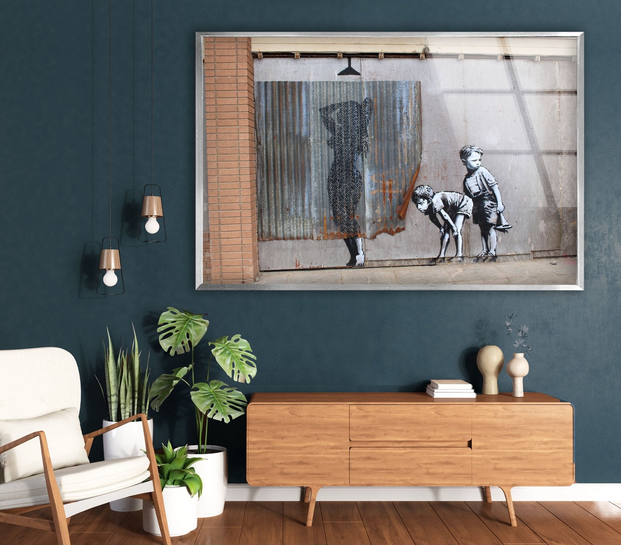 Banksy Shower Peeping Boys Framed Glass Wall Art - Modern Home Decor for Living Room, Bedroom & Office