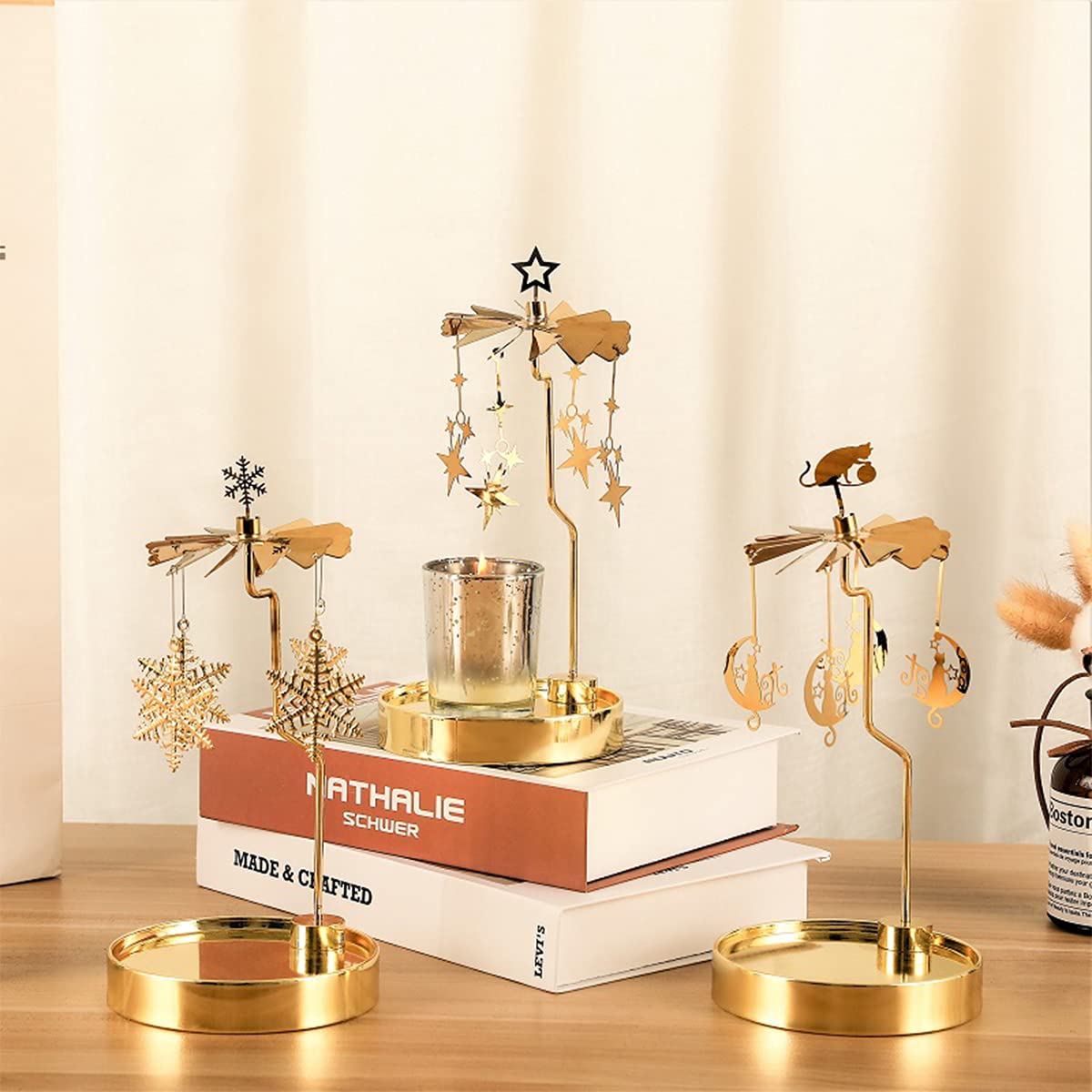 Rotating Candle Holder with Deer Design - Elegant Spinning Candlestick Set for Romantic Weddings, Christmas Decor, Fireplace & Table Centerpiece - Perfect Holiday Gift for Candle Lovers (Snowflake Theme) - Creates Cozy Ambiance for Dinner Parties, Relaxing Baths & Winter Evenings
