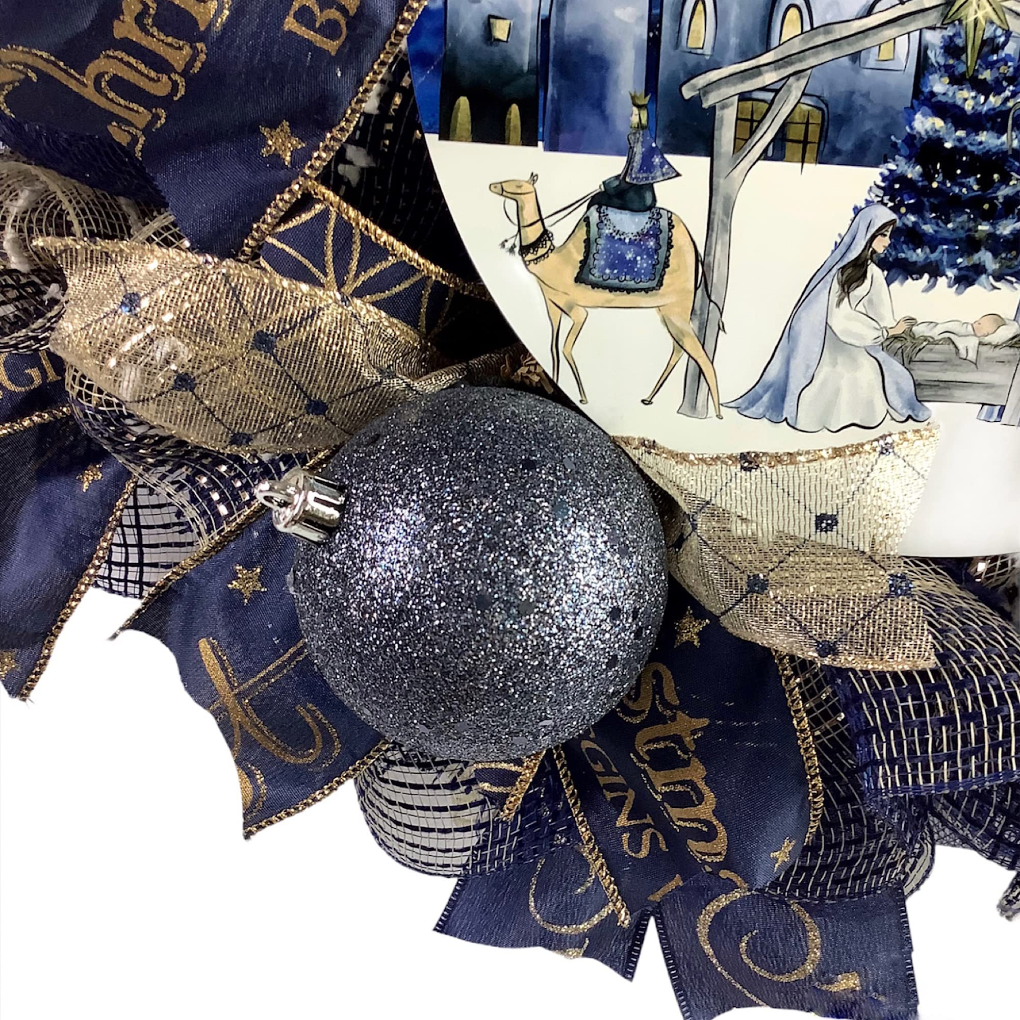 Nativity Christmas Wreath with Baby Jesus in Manger - Elegant Navy Blue & Gold Ball Ornaments and Bow - Perfect for Front Door Decor, Holiday Mantel, and Church Christmas Displays