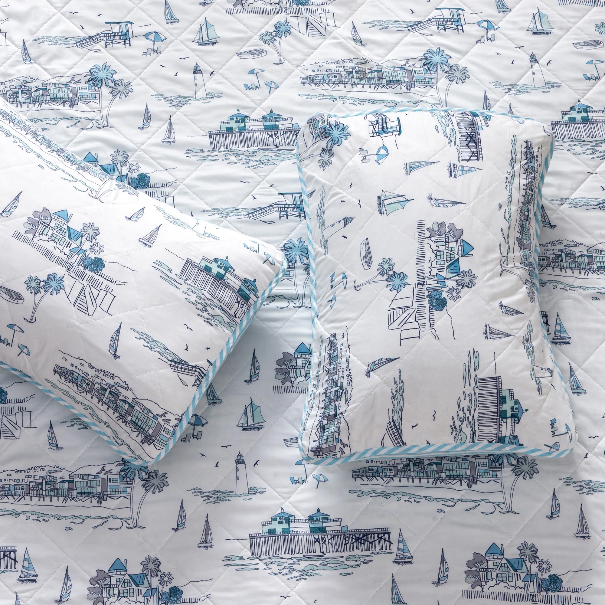 King Coastal Quilt Bedding Set - Lightweight Reversible Nautical Quilted Coverlet with Shams | 3-Piece All Season Beach Bedspread | Cape Elizabeth Collection in Blue | Perfect for Summer Bedroom Decor, Guest Rooms & Coastal-Themed Homes