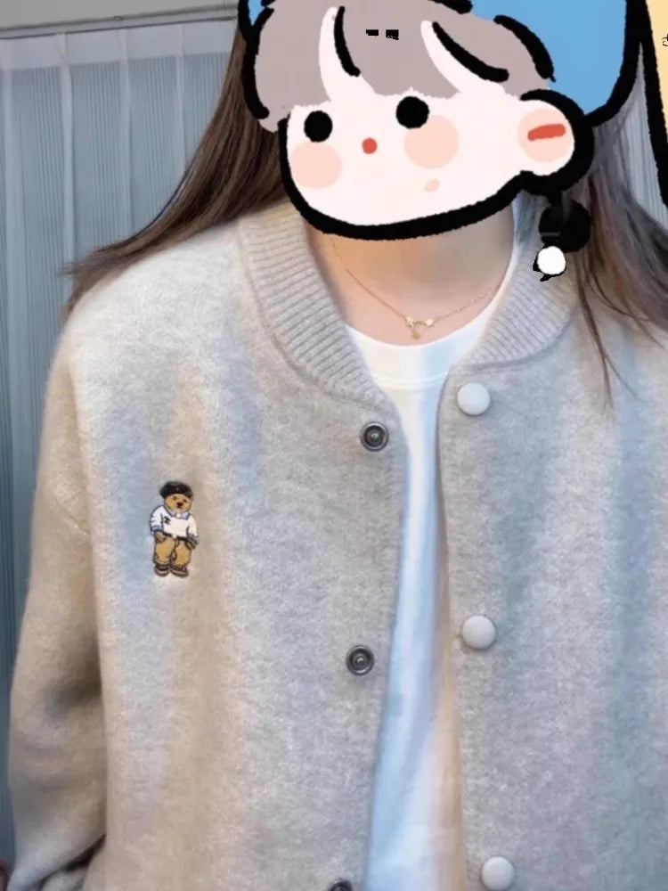 Women's Bear Embroidery Cardigan - Cozy O-Neck Knitted Pullover Sweater for Fall & Winter | Casual Preppy Style Top | Perfect for Office, Dates & Weekend Outfits