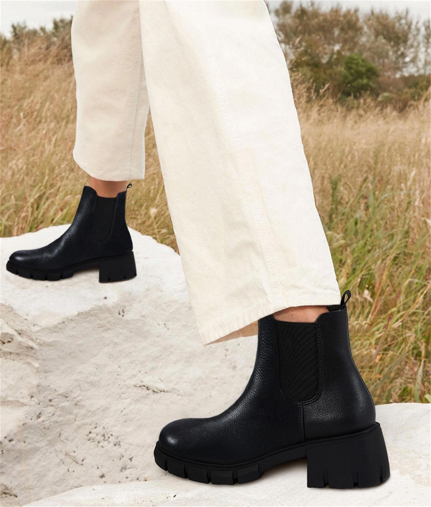 GitHubafuil Women's Chelsea Boots - Fashion Platform Chunky Block Heel Slip-On Combat Ankle Booties for Casual Outfits, Work & Winter Style