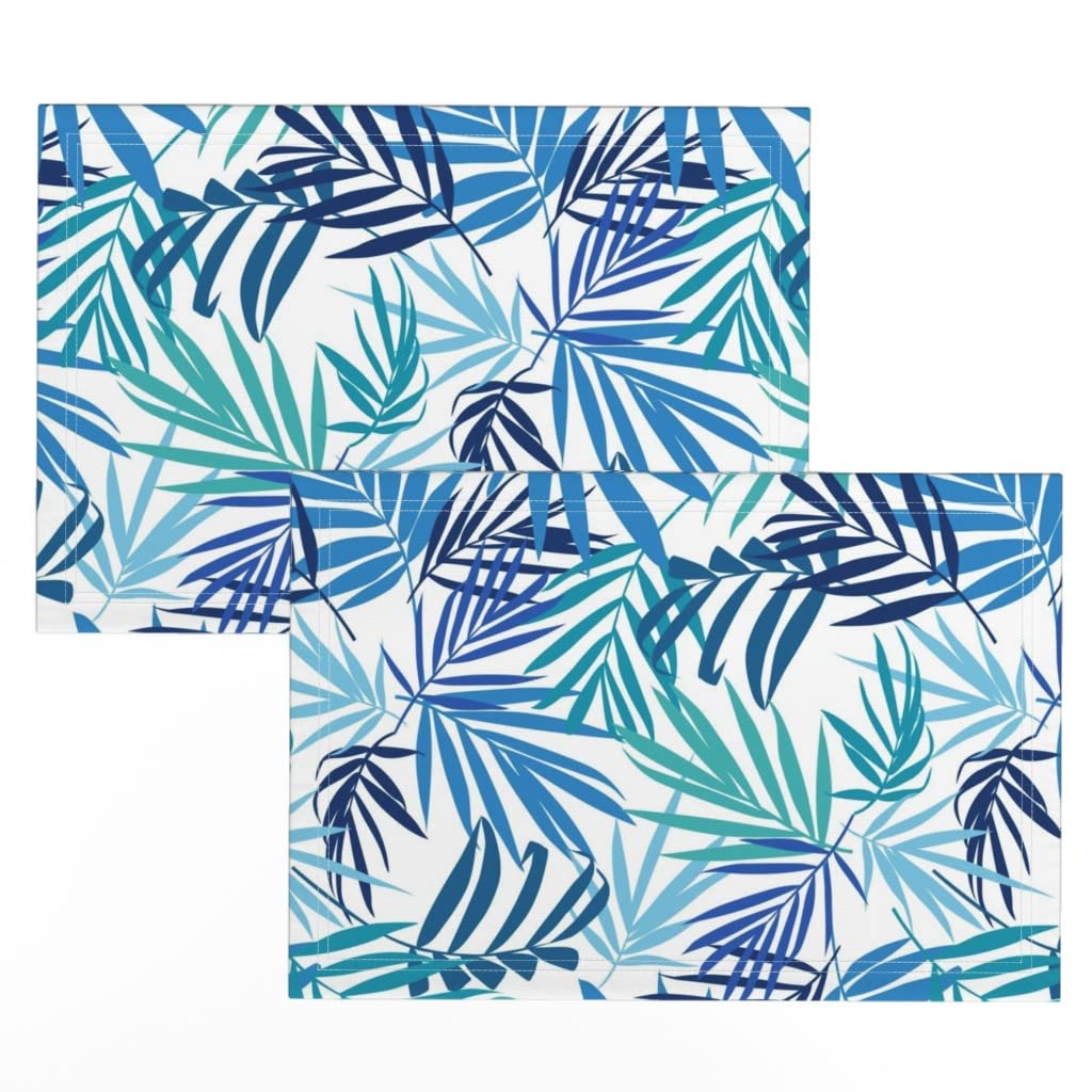 Linen Cotton Canvas Placemats Set of 2 - Blue Tropical Jungle Print with Palm Leaf Tree Design | Eco-Friendly Table Decor for Dining Room, Kitchen, or Outdoor Picnic | Spoonflower