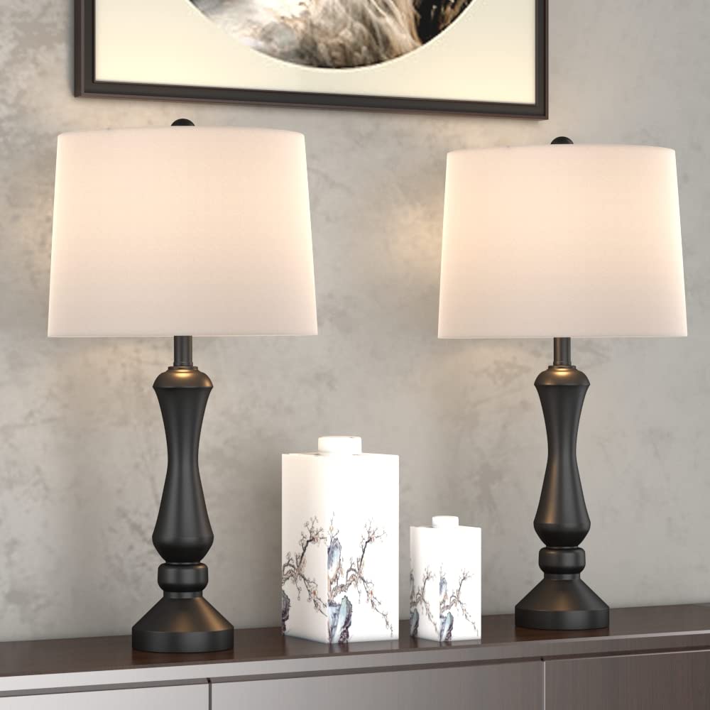 Maxax Set of 2 Modern Table Lamps with USB Charging Port - 3-Way Dimmable Black Nightstand Lamps with White Drum Shade for Bedroom, Living Room & Office - ETL Certified - Perfect for Reading, Working & Creating Cozy Ambiance