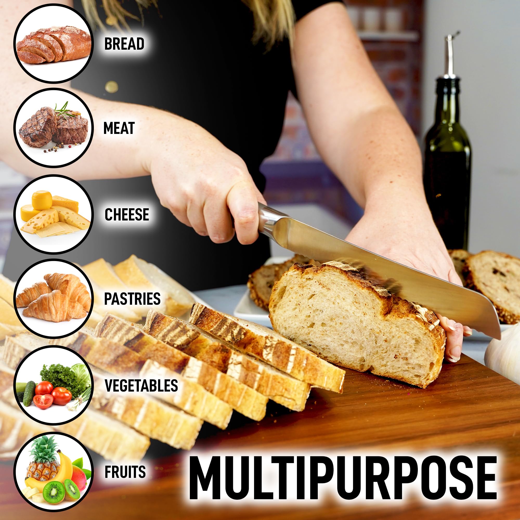 Zulay Premium 8-Inch Serrated Bread Knife - Stainless Steel Blade for Slicing Homemade Bread, Cake, Bagel - Ergonomic 5-Inch Handle with Safety Tip Guard - Perfect for Bakeries, Kitchens & Gift Giving (Blue)