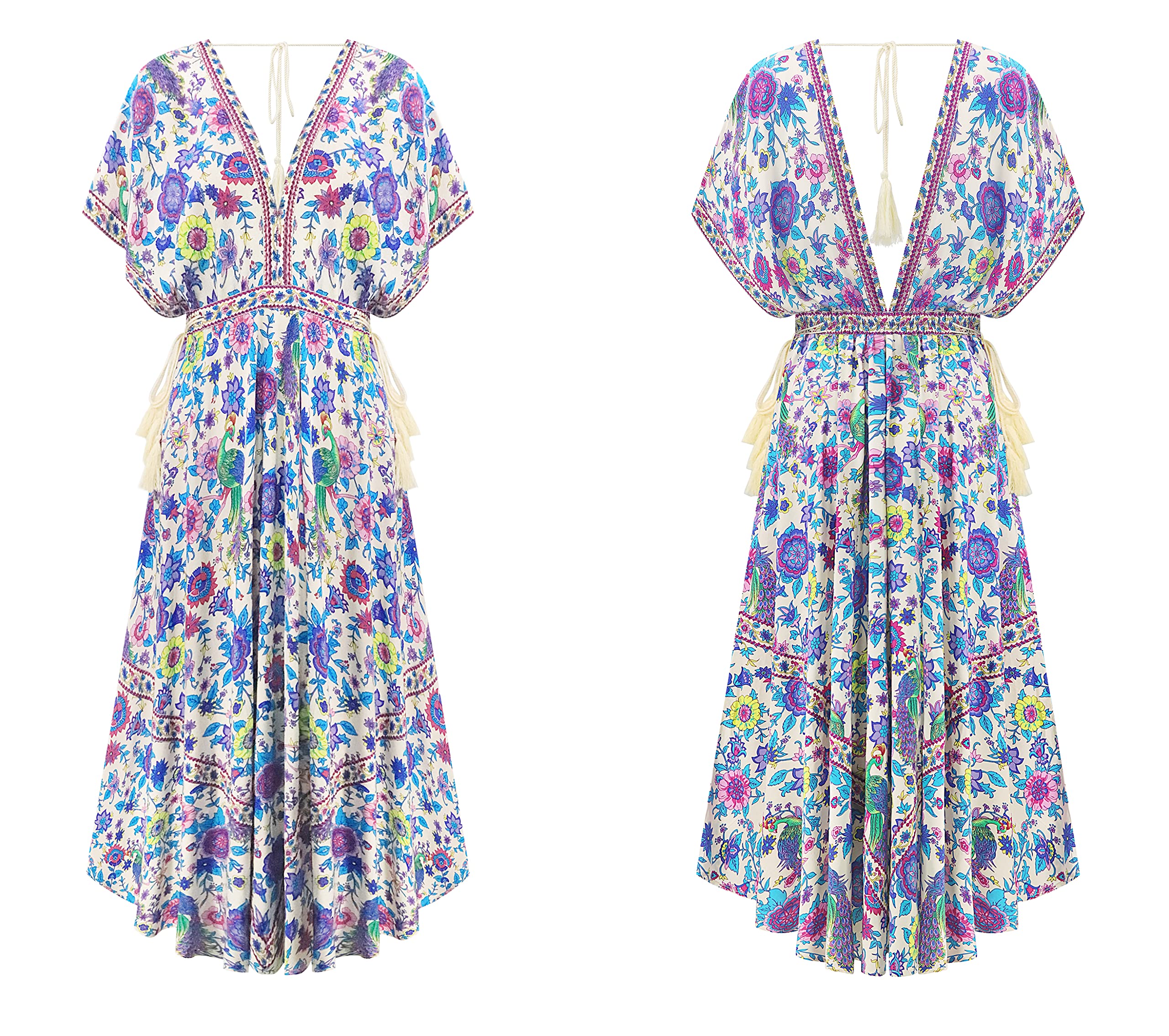 R.Vivimos Women's Floral Print Deep V-Neck Cotton Maxi Dress - Lightweight Summer Beach Cover Up, Boho Chic for Vacations, Poolside Lounging & Outdoor Parties