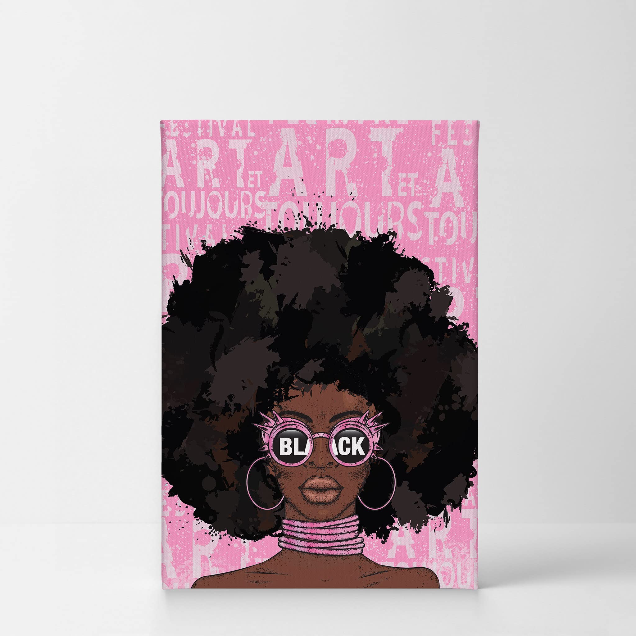 Afro Woman Canvas Wall Art Print - African American Pop Art Pink Graffiti Girl with Black Sunglasses - 12x8 Inch Ready to Hang Home Decor for Living Room, Bedroom & Bathroom - Perfect for Vanity Spaces & Black Culture Themed Interiors