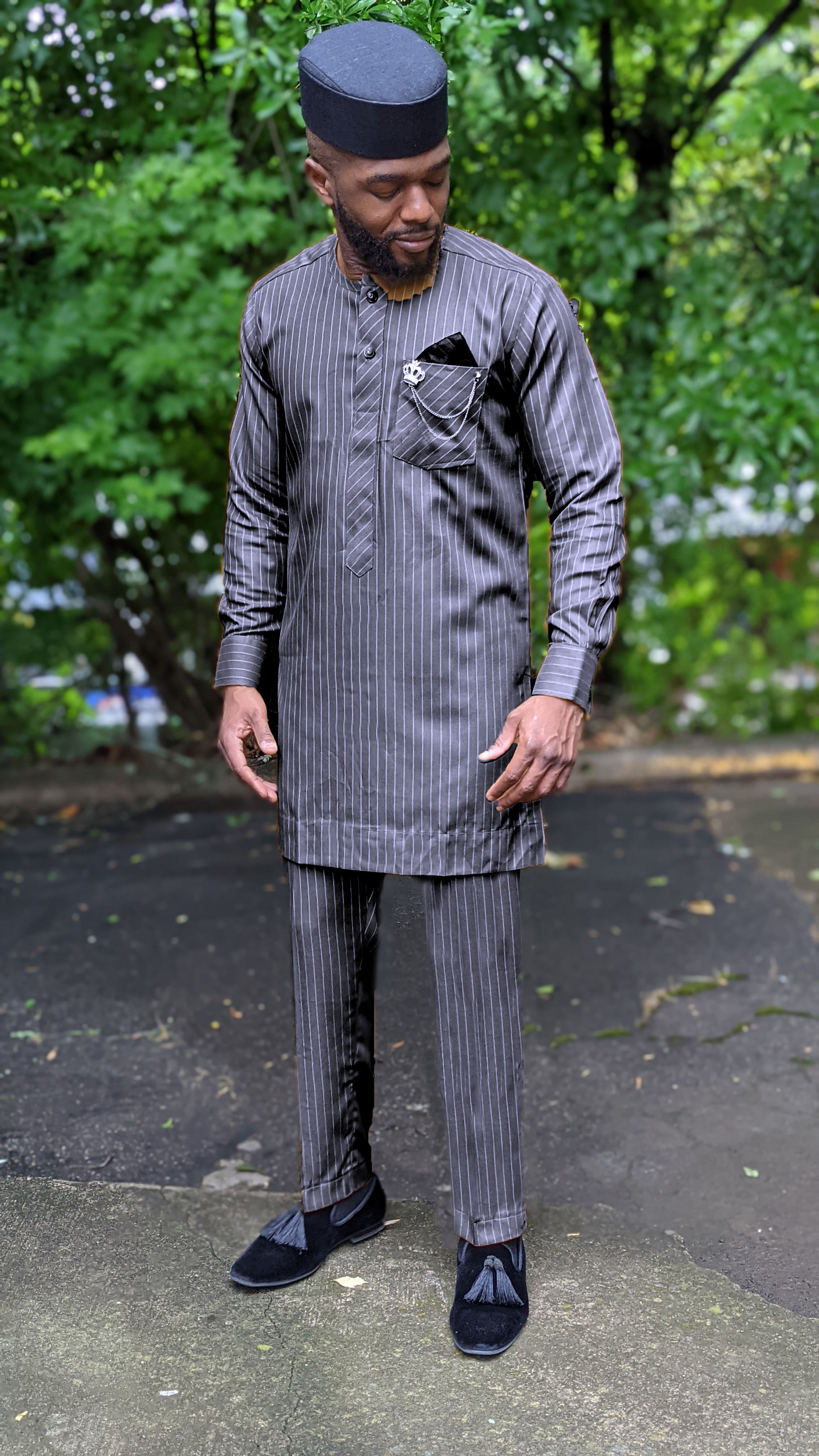 Stylish African Senator Outfit - Striped Jukun Prestige Top & Matching Pants DPASGS31 | Traditional Nigerian Attire for Weddings, Parties & Cultural Events