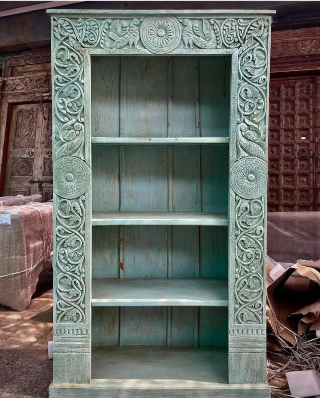 Hand Carved Antique Wooden Bookshelf - 4 Shelf Bookcase for Living Room, Study & Office | Vintage Style Home Decor & Storage Solution