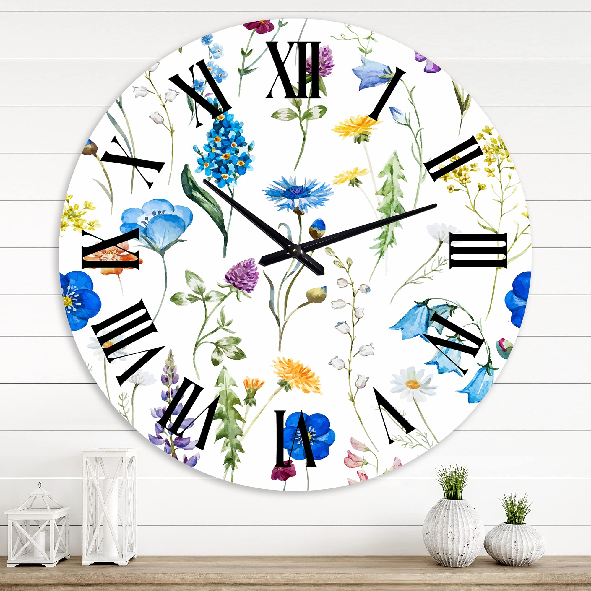 Blue Wild Flowers Large Wall Clock - Traditional Floral & Botanical Decor for Living Room, Bedroom, Office | Silent Non-Ticking Home & Office Décor