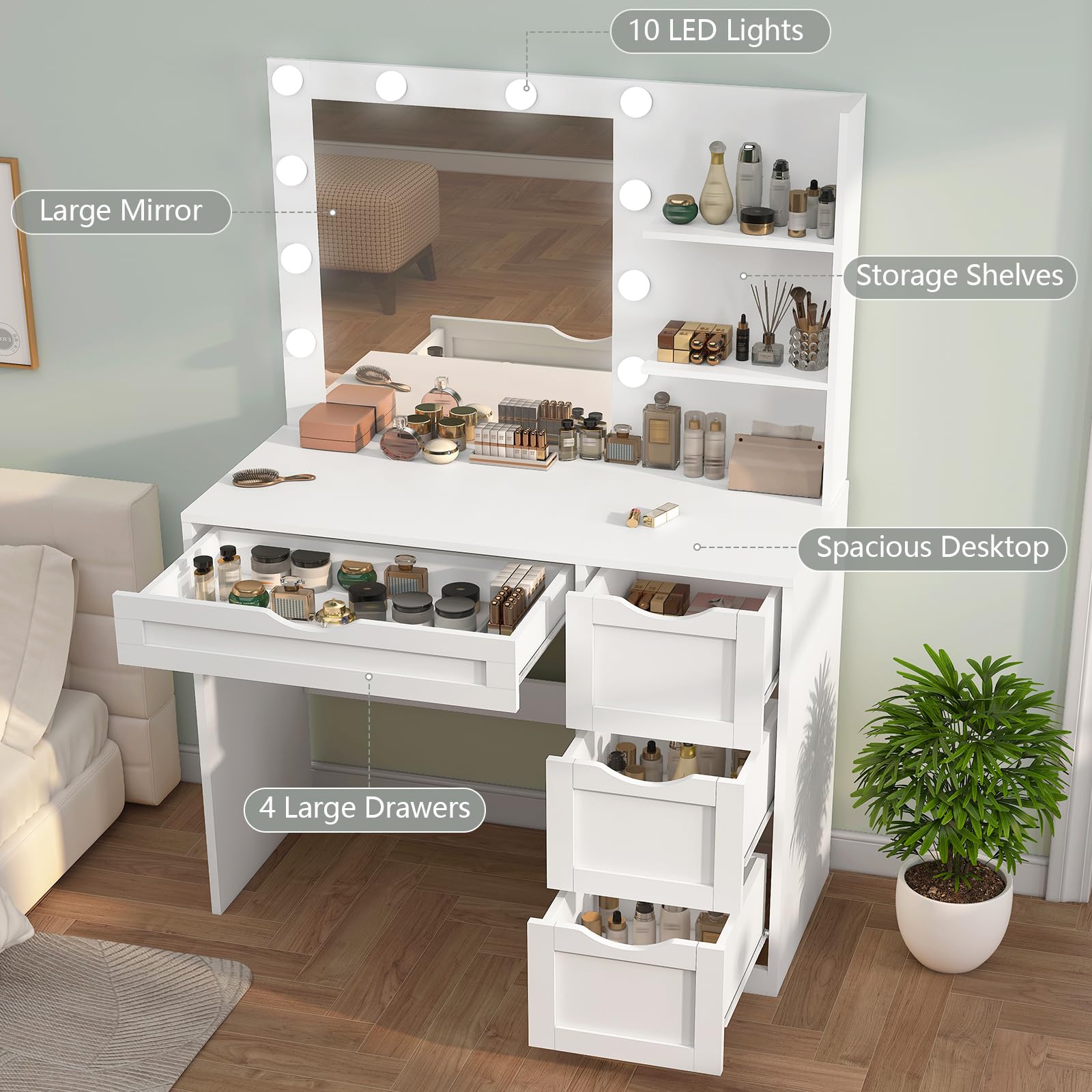 USIKEY White Makeup Vanity Desk with LED Mirror & 10 Adjustable Lights - 4 Drawers, 2 Storage Shelves, 3 Color Modes - Perfect Dressing Table for Bedroom, Home Salon & Beauty Room Organization
