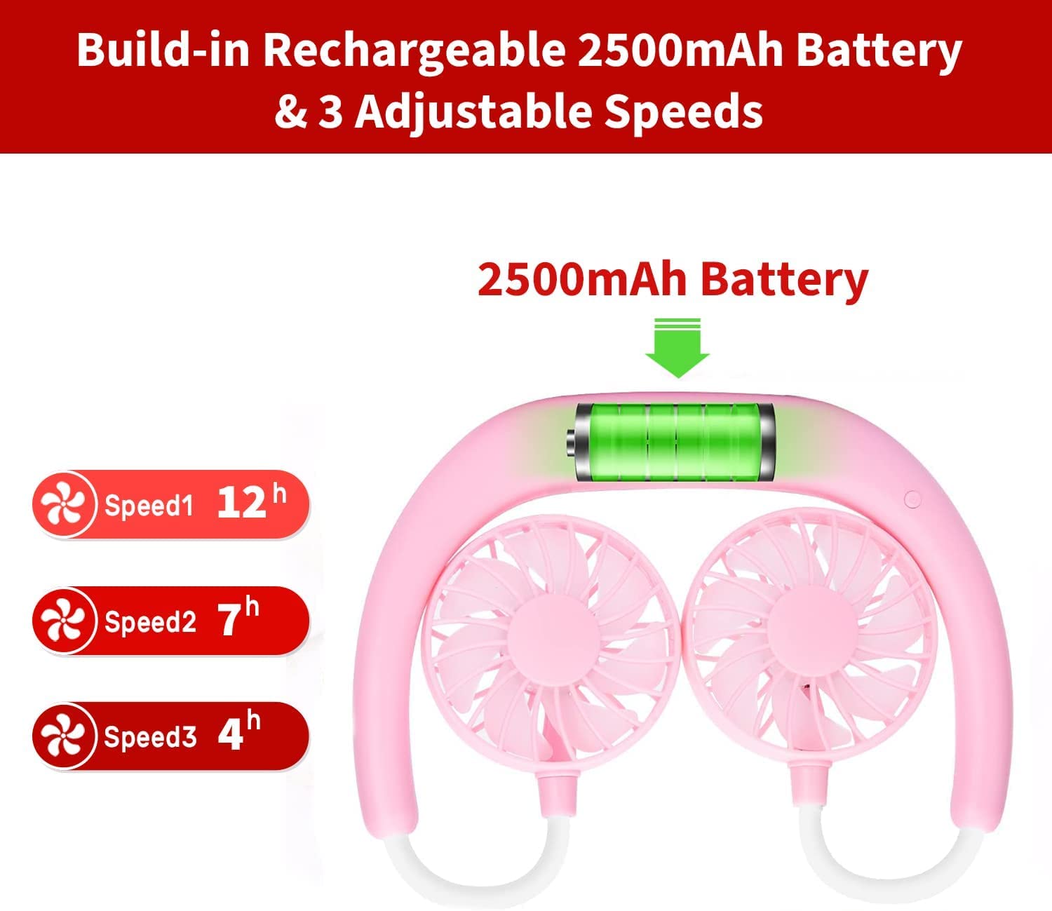 Portable Neck Fan Rechargeable - Hands-Free Personal Fan with 3 Speed Adjustable & 360° Rotation - Mini USB Wearable Neckband Fan for Sports, Office, Travel, Reading - Blue & Pink Options