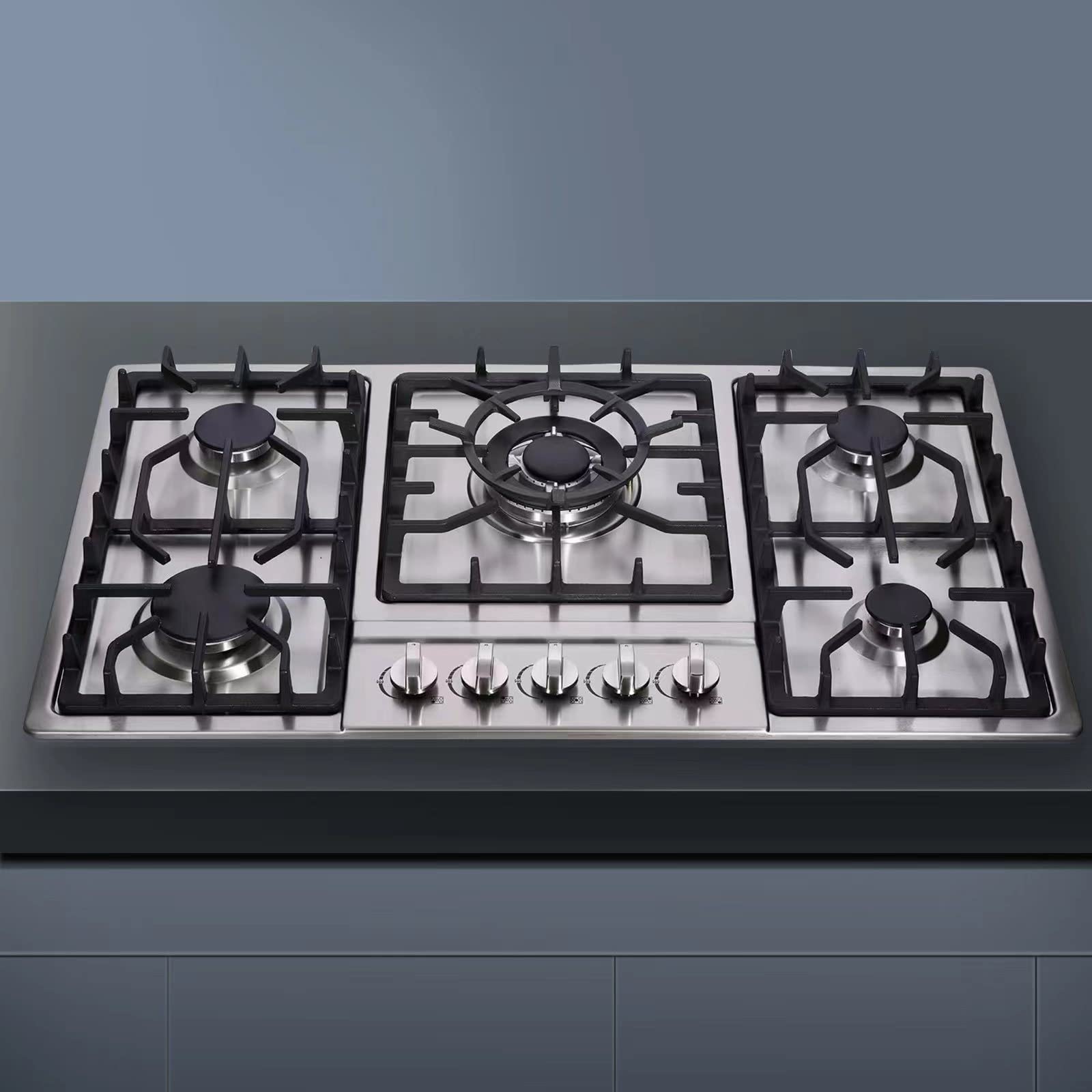 34 Inch Stainless Steel Built-In 5 Burner Gas Cooktop - LPG/NG Convertible Dual Fuel Stovetop for Professional Cooking | DM5808 | Perfect for Home Kitchens, Restaurants & Outdoor Catering