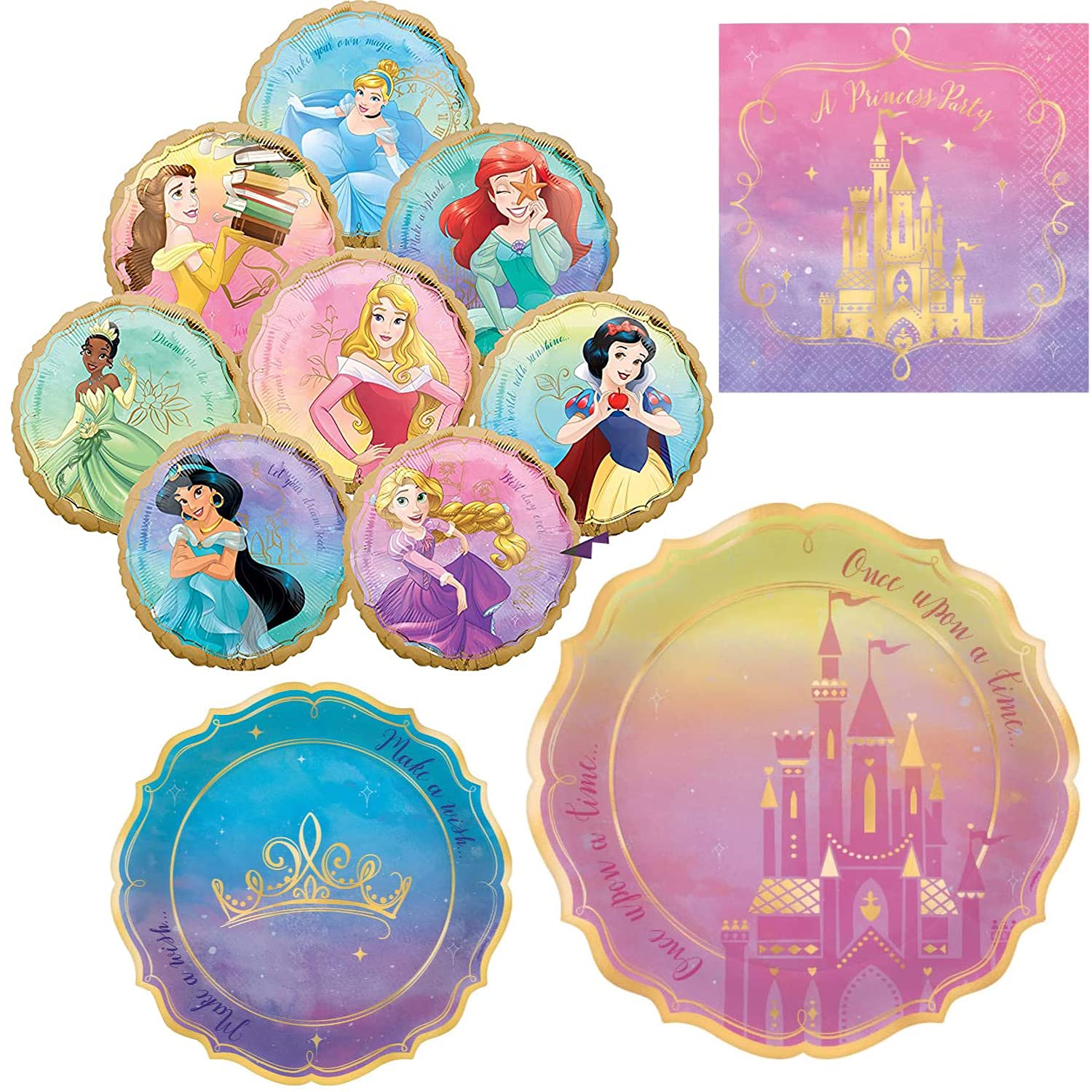 Disney Princess Party Decorations Set - 8 Princess Birthday Party Supplies Kit with Balloon Bouquet, Paper Plates & Napkins for 8 Guests | Perfect for Princess Themed Birthday Parties, Baby Showers & Disney Celebrations