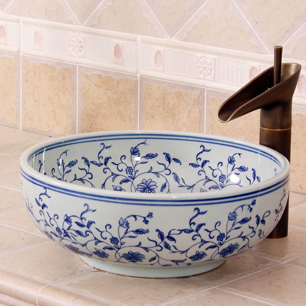 Blue and White Porcelain Vessel Sink - Ceramic Countertop Bathroom Basin with Artistic Design for Modern Vanities | Perfect for Powder Rooms, Guest Baths & Luxury Home Decor
