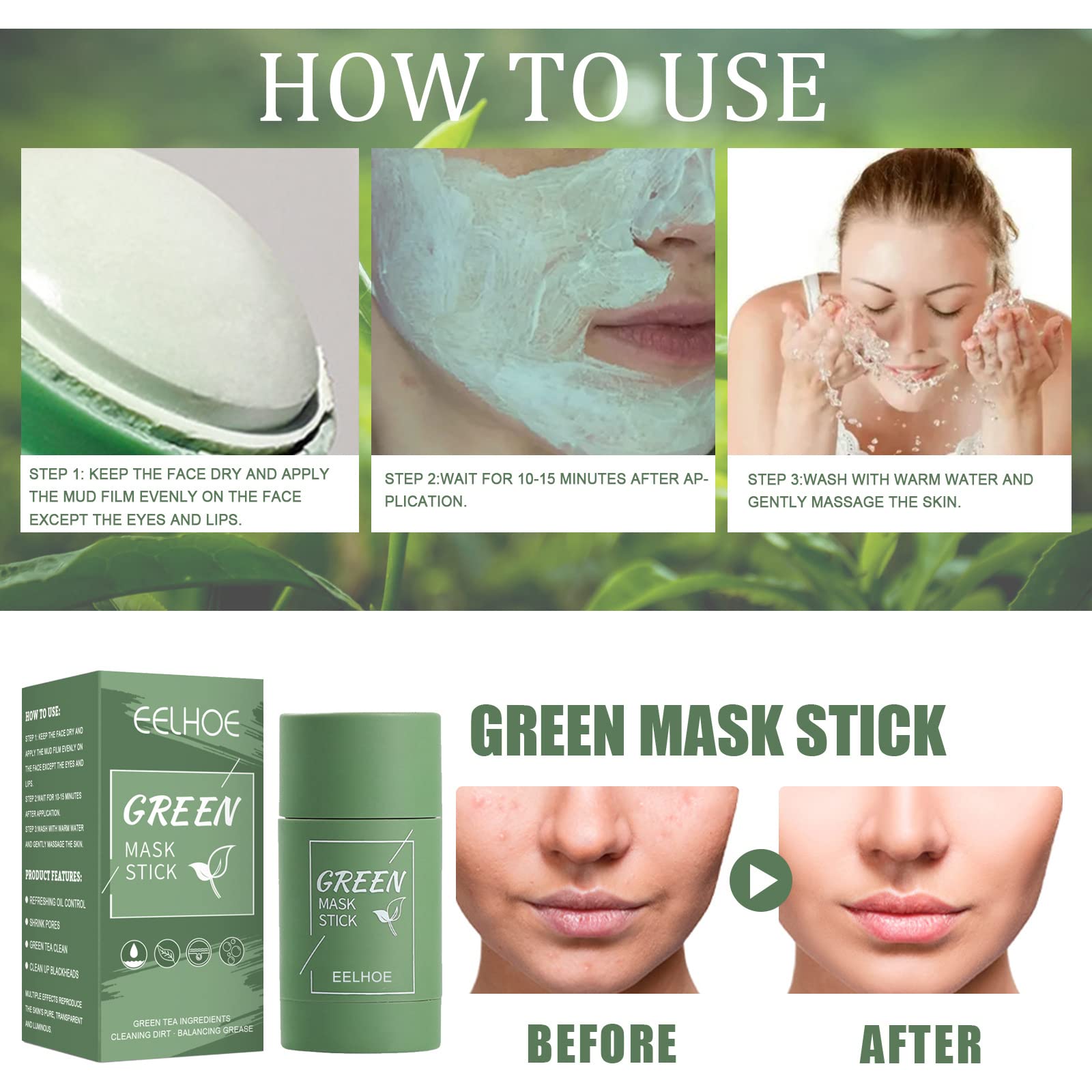 Green Tea Clay Mask Stick for Face - Deep Pore Cleansing with Green Tea Extract | Oil Control & Moisturizing Skincare for Men & Women | Perfect for Acne-Prone Skin & Blackhead Removal | At-Home Spa Treatment