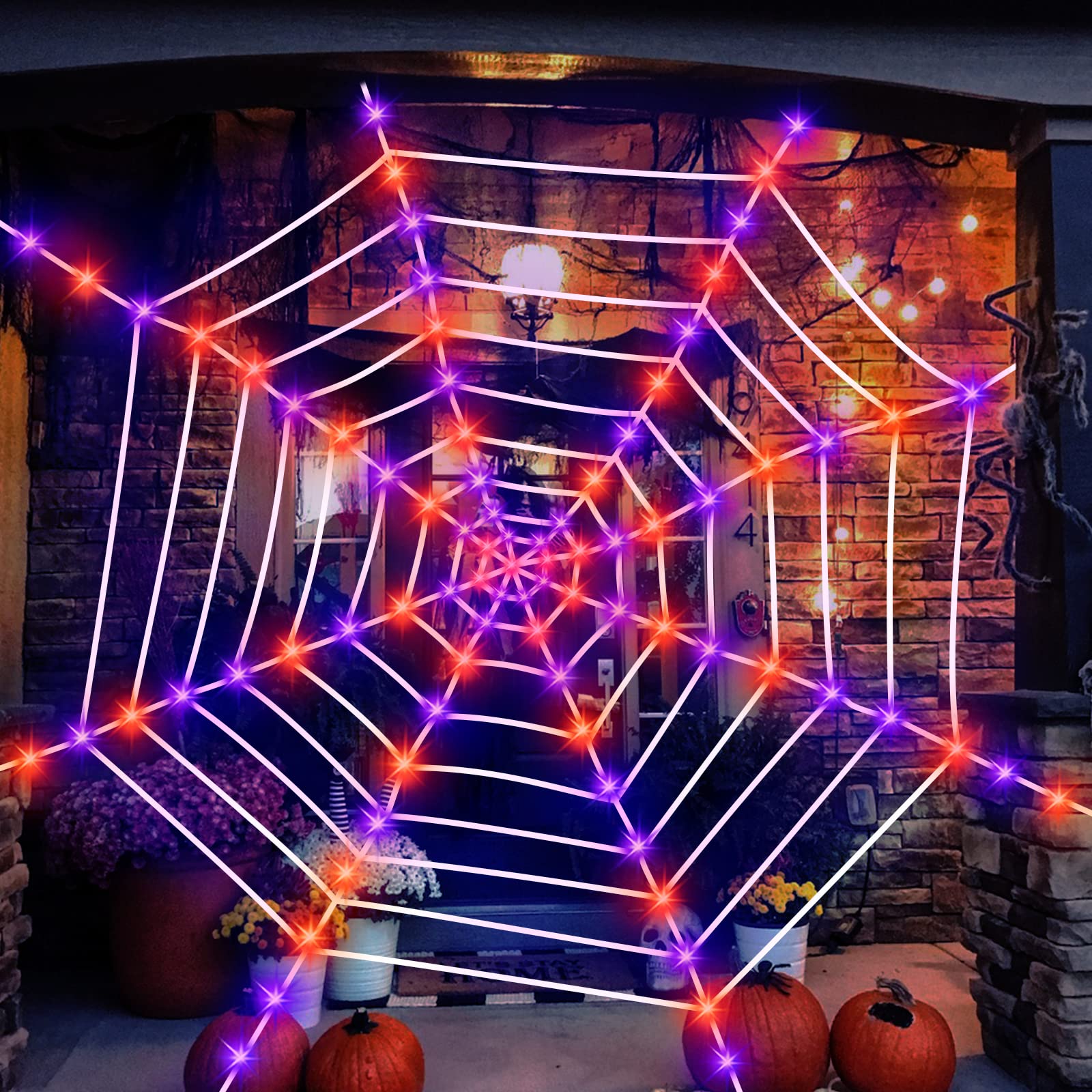 12 Ft Halloween Spider Web Lights with 120 LED - Waterproof Outdoor & Indoor Decor for Halloween Party, Haunted House, Yard Decoration - Perfect for Spooky Atmosphere & Holiday Lighting
