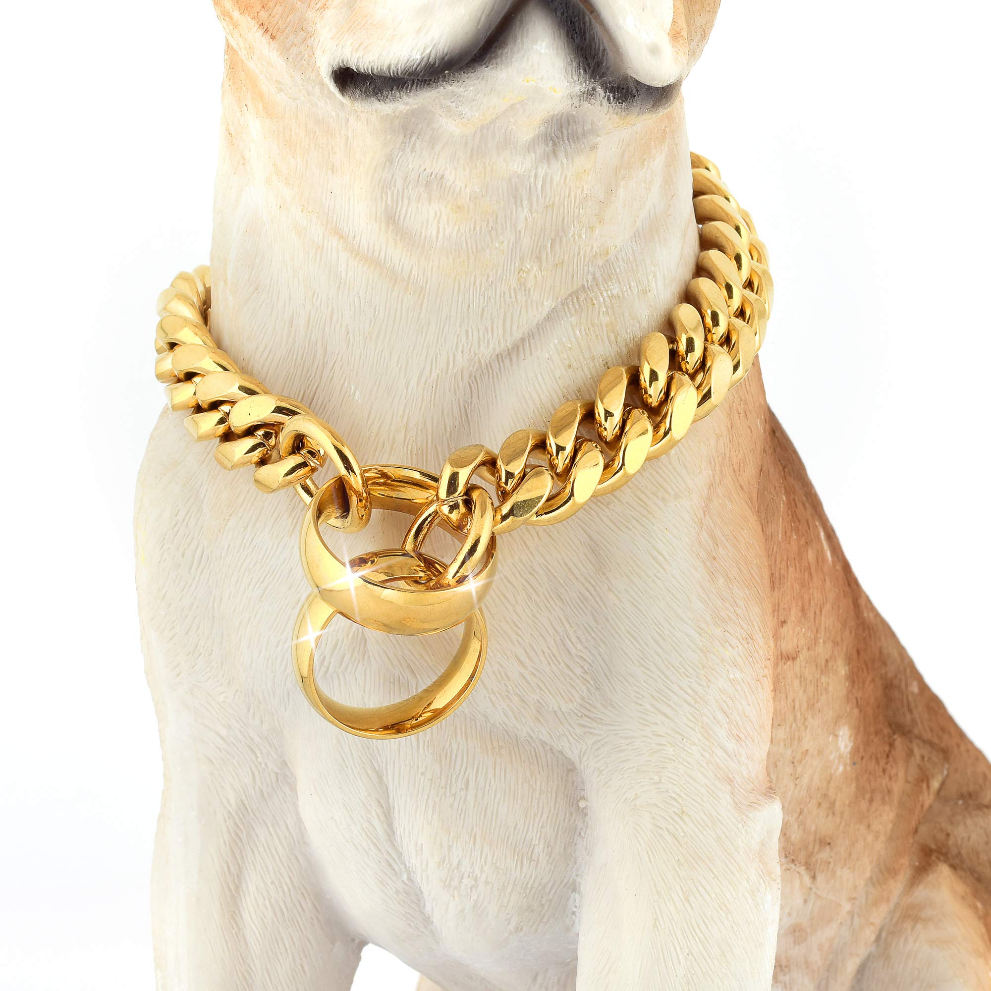18K Gold Over Stainless Steel Heavy Duty Martingale Dog Collar - 14MM Cuban Link Chain for Large Breeds (12