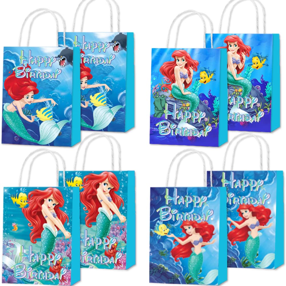16 Pcs Little Mermaid Birthday Party Supplies - 4 Styles & 8 Patterns Cartoon Mermaid Ariel Themed Party Favors, Gift Paper Bags for Boys and Girls Birthday Party Decorations - Perfect for Underwater Themed Parties, Baby Showers & Kids Celebrations