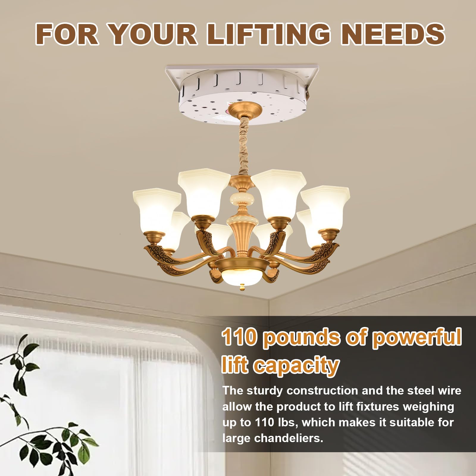 110LBS 13.12FT Motorized Chandelier Hoist Lift System with 2-in-1 Wall Switch & Remote Control - Heavy Duty Electric Ceiling Light Lifter for High Ceilings - Perfect for Villas, Churches, and Large Halls
