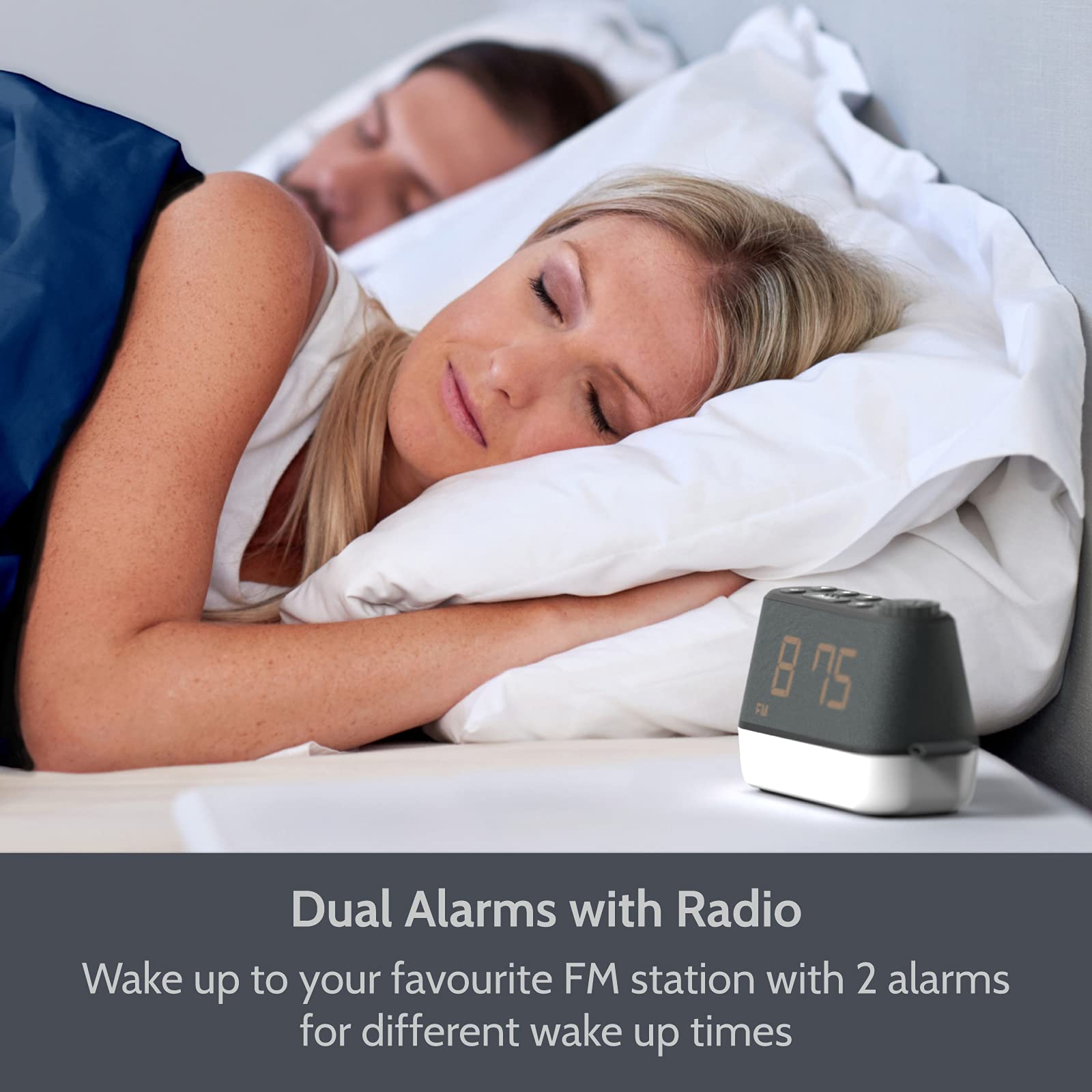 Digital Alarm Clock with FM Radio, Night Light & USB Charging Port - Dual Alarm, Dimmable LED Display, Relaxation Sounds for Better Sleep - Perfect Bedside Clock for Bedroom, Office or Travel (Battery Backup & Mains Powered)