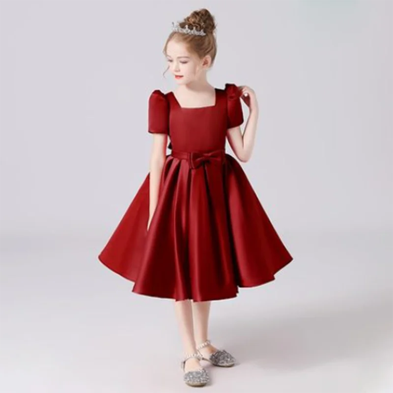 Satin Flower Girls Dress with Square Collar - Elegant Party Dress for Weddings, Birthday & Special Occasions