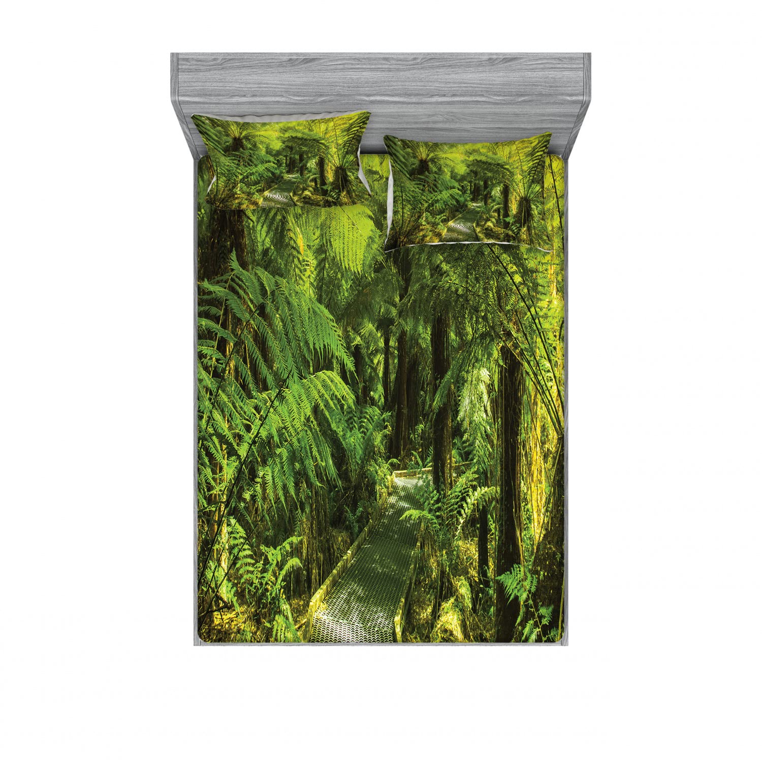 Ambesonne 2-Pack Queen Size Fitted Sheets & Pillow Sham Set - Nature Inspired Green Floral Bedding Decor (4-Piece Set) - Perfect for Home, Guest Room & Vacation Rental Decorations