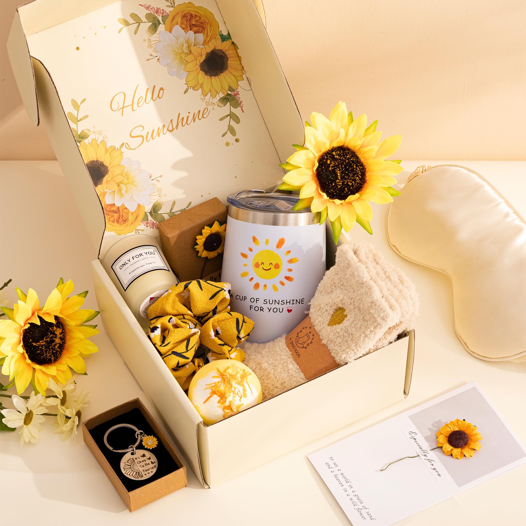 Sunflower Gifts for Women - Birthday, Get Well Soon & Self Care Gift Baskets with Relaxation Bath Set - Perfect Christmas Gifts for Mum, Wife, Best Friend, Sister & Daughter - Ideal for Spa Nights, Recovery Days & Special Occasions