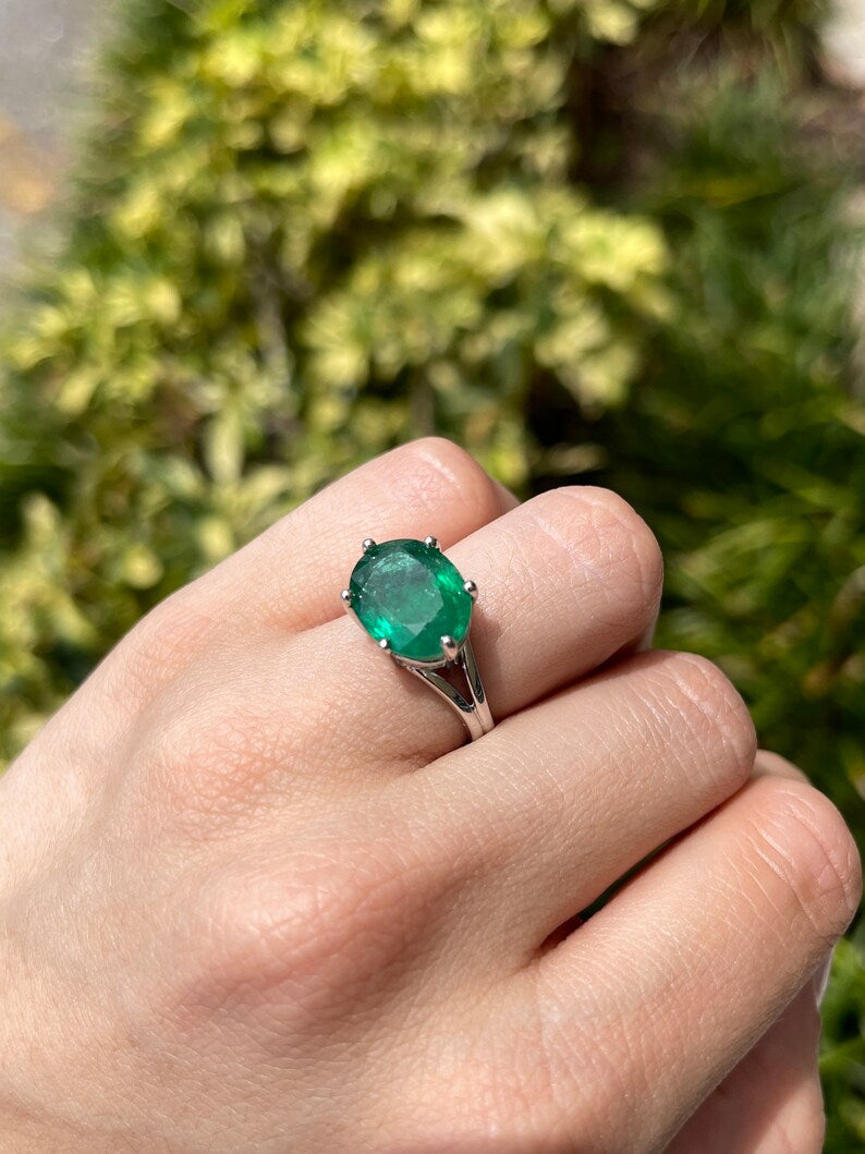 6.20ct 14K White Gold Natural Oval Cut Emerald Ring - East West Setting for Women, Elegant Jewelry Gift for Anniversary, Engagement, Wedding & Special Occasions