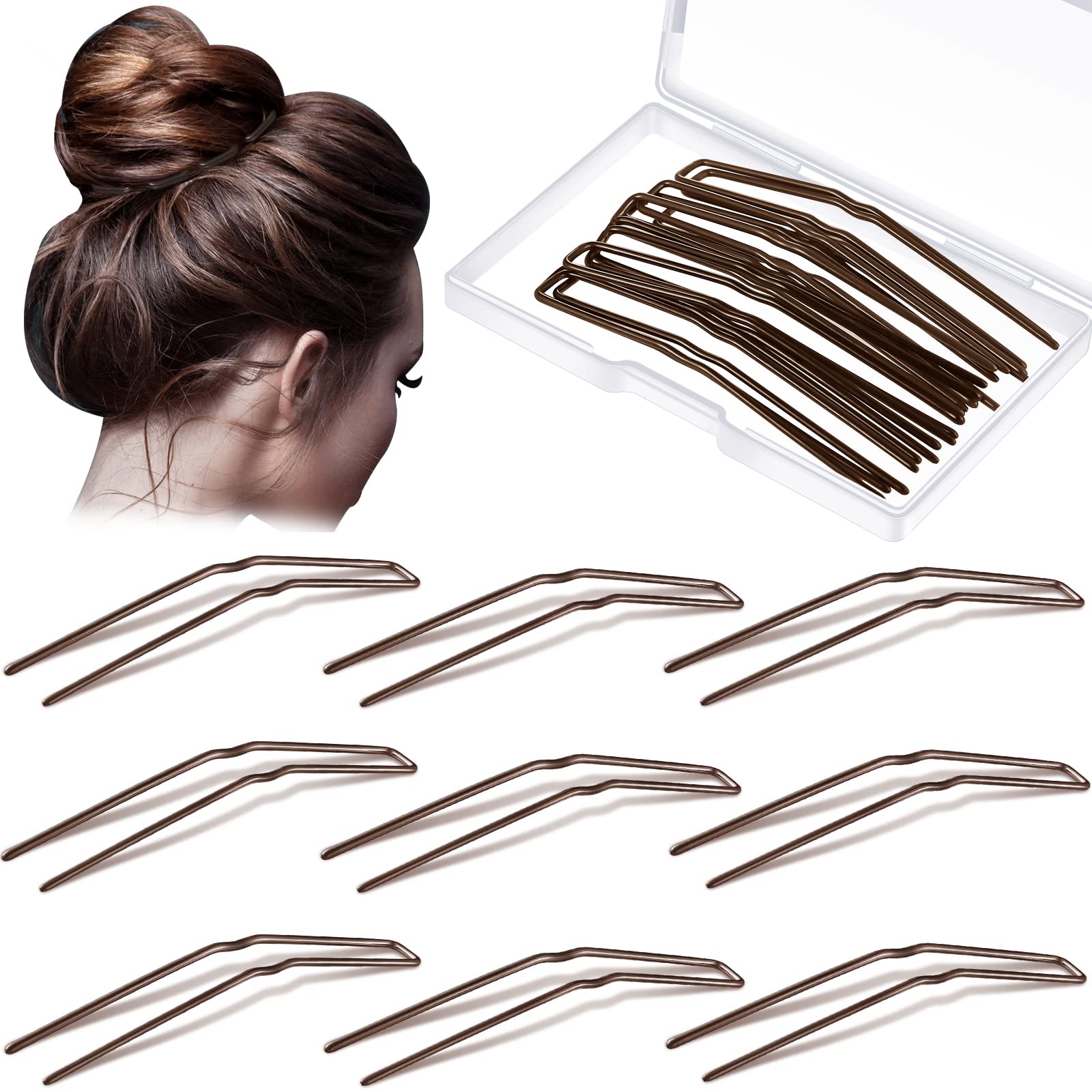 MTLEE 24 Pcs U Shaped Hair Pins - Strong Hold Ballet Bobby Pins for Updos, Buns & Braids | Metal U Pin Hair Forks for Women & Girls with Thick, Thin, Long or Curly Hair | Includes Storage Box (Brown, 2.5 Inch) | Perfect for Weddings, Ballet Performances & Everyday Hairstyling