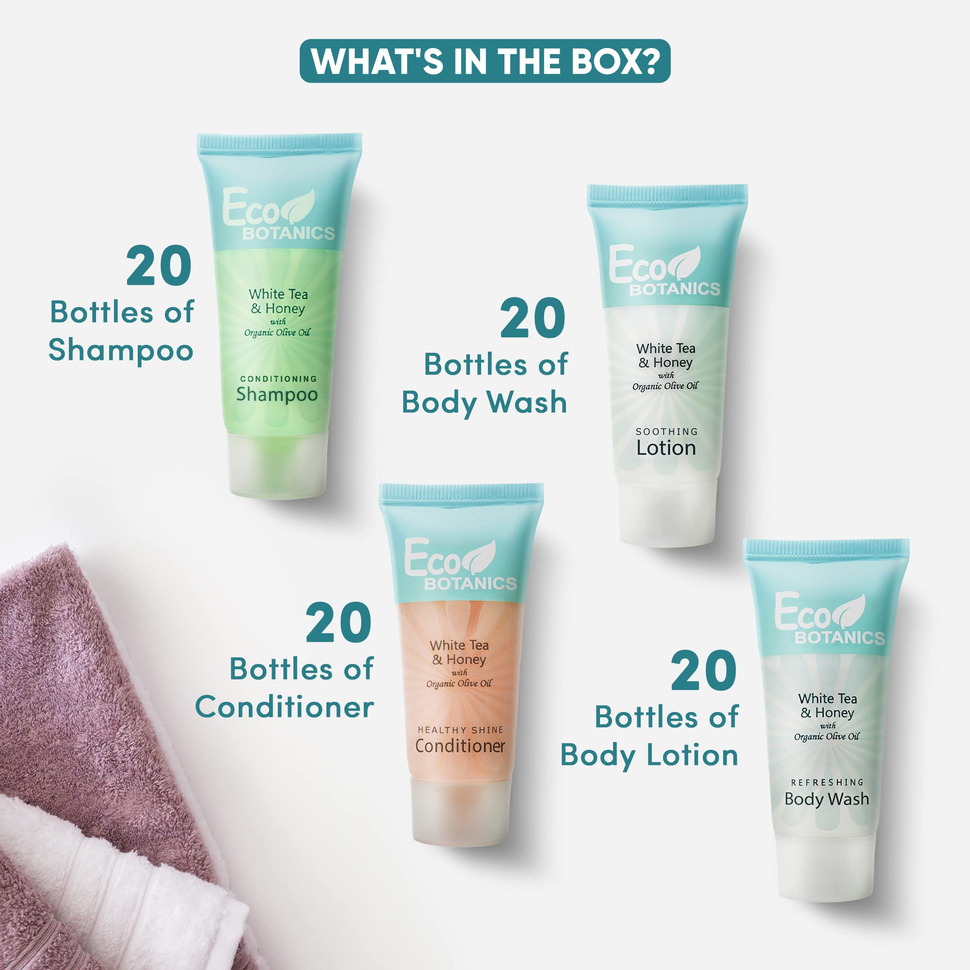 Terra Pure Eco Botanics | 80-Pack 0.85oz Travel-Sized Shampoo, Conditioner, Body Wash & Lotion Set + 100-Pack Soap Bars | Hotel Amenities, Eco-Friendly Toiletries for Travel, Gyms & Hospitality Businesses