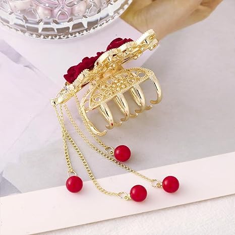 Red Rose Hair Claw Clip - Flocked Rose Hair Pin for Women & Girls | Wedding, Bridal & Party Hair Accessories | Perfect for Prom, Date Night & Special Occasions