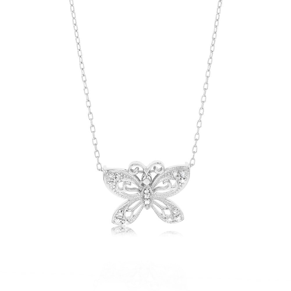 1/10 Carat Diamond Butterfly Pendant Necklace in Sterling Silver 925 - Elegant Jewelry Gift for Women, Perfect for Valentine's Day, Anniversary & Special Occasions