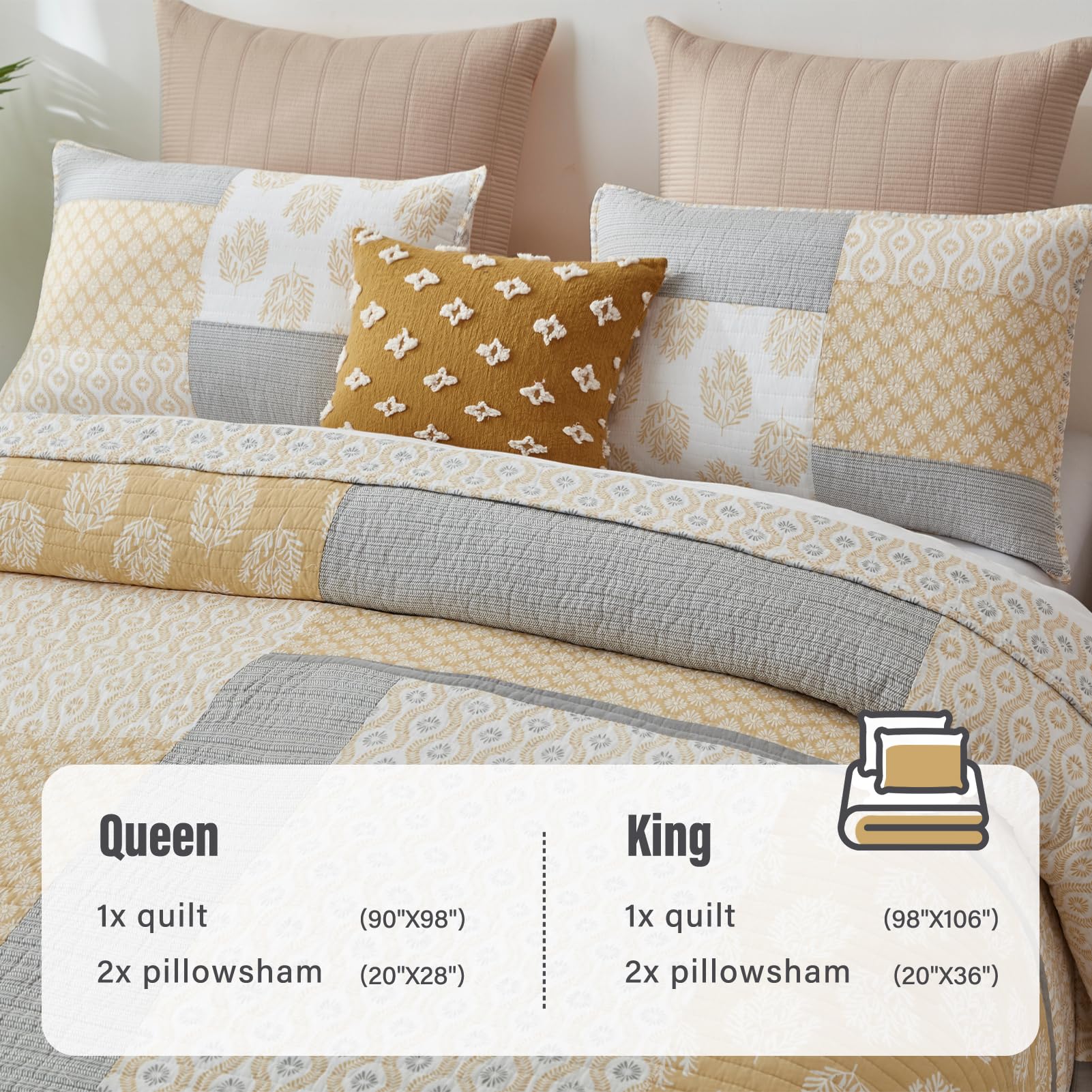 Y-PLWOMEN 100% Cotton 3-Piece Floral Quilt Set Queen Size - Farmhouse Lightweight Bedding for All Seasons in Yellow, White & Grey | Perfect for Guest Rooms, Master Bedrooms & Cozy Farmhouse Decor