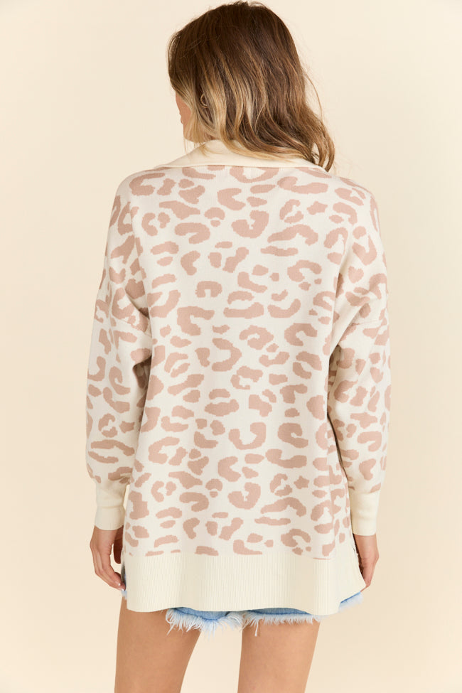 Tan and Cream Leopard Print Quarter Zip Pullover Sweatshirt - Cozy Casual Wear for Women | Perfect for Fall Layering, Outdoor Activities & Lounge Wear