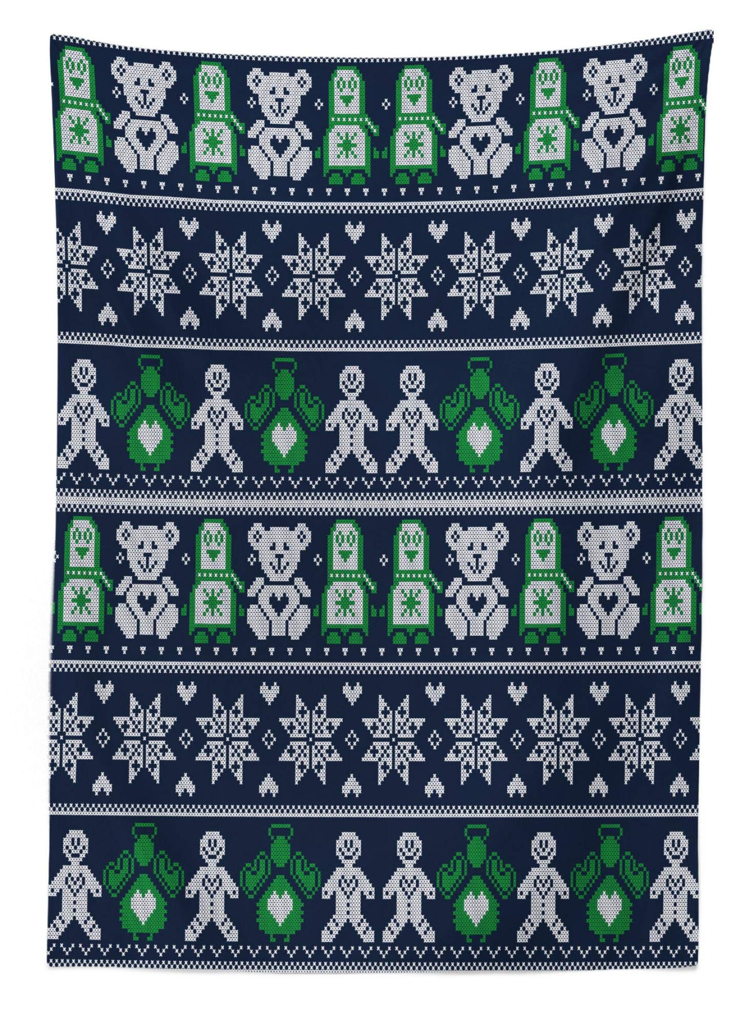Scandinavian Style Christmas Outdoor Tablecloth - Stitched Penguins, Teddy Bears, Angels & Gingerbread Man Design - Washable Picnic Table Cover 58x120 Inches - Dark Blue Green White - Perfect for Holiday Parties, Family Gatherings & Festive Decorations