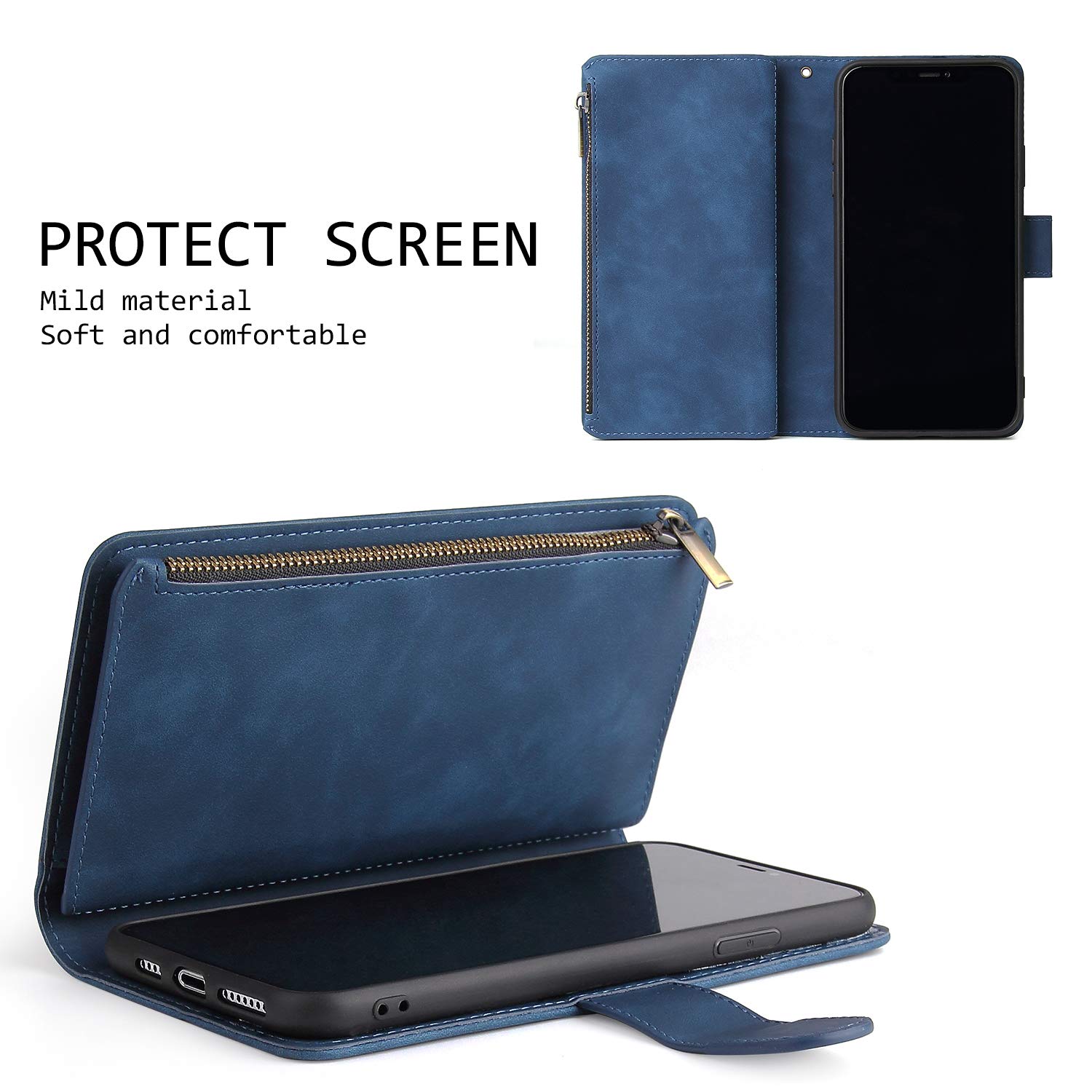 UEEBAI PU Leather Wallet Case for iPhone 12/iPhone 12 Pro - Magnetic Closure, Zipper Pocket, Kickstand & Card Slots with Hand Strap | Stylish Flip Phone Case for Women (Blue) - Perfect for Daily Use, Travel & Shopping