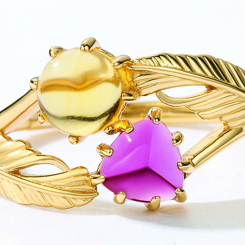 Amethyst and Citrine Leaf Vine Two Stone Ring for Women - Elegant Bohemian Jewelry - Perfect for Weddings, Parties & Everyday Wear