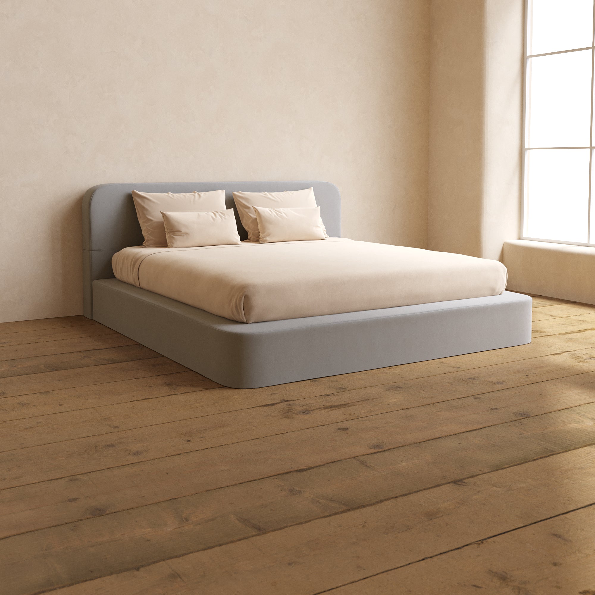 King Upholstered Platform Bed with Headboard - Micro Chenille Fabric in Pumice Color | Modern Bedroom Furniture for Master & Guest Rooms