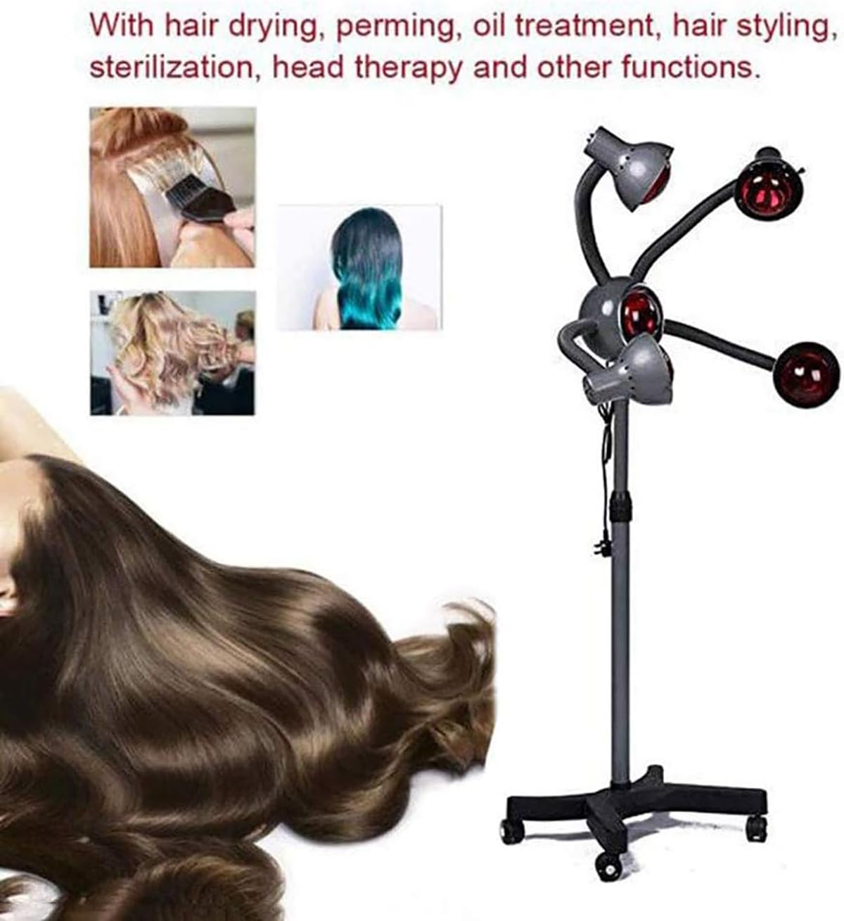 750W Infrared Heat Lamp with Red Light Therapy - 5 Head Adjustable Portable Floor Hair Dryer Stand for Styling, Perming & Accelerating Drying - Salon & Home Use for Faster, Healthier Hair Care