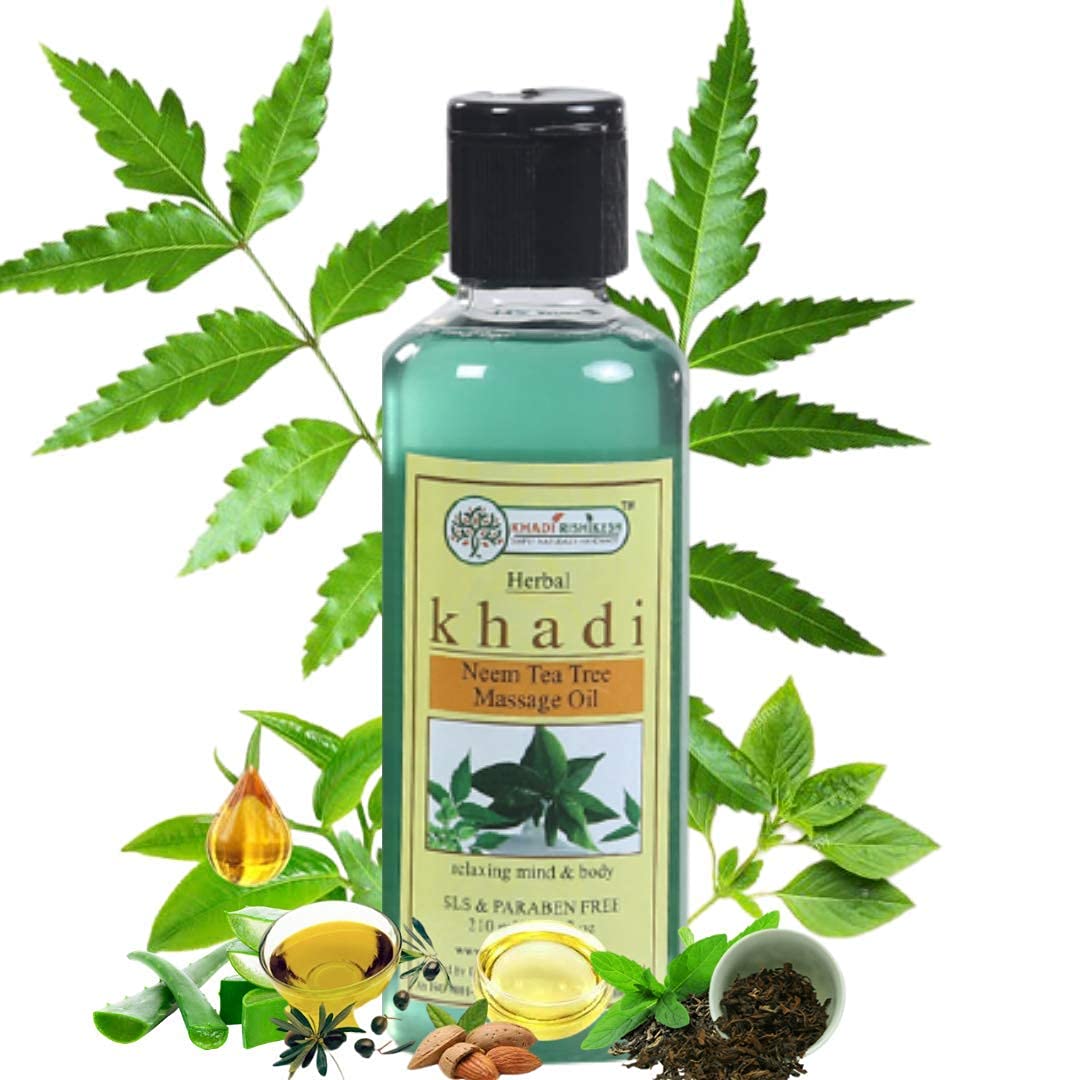 Khadi Rishikesh Neem Tea Tree Body Oil - 210ml | Natural Full Body Massage Oil for Men & Women | Relieves Pain, Reduces Acne & Brightens Skin | SLS & Paraben Free | Perfect for Relaxation, Spa Days & Skincare Routine