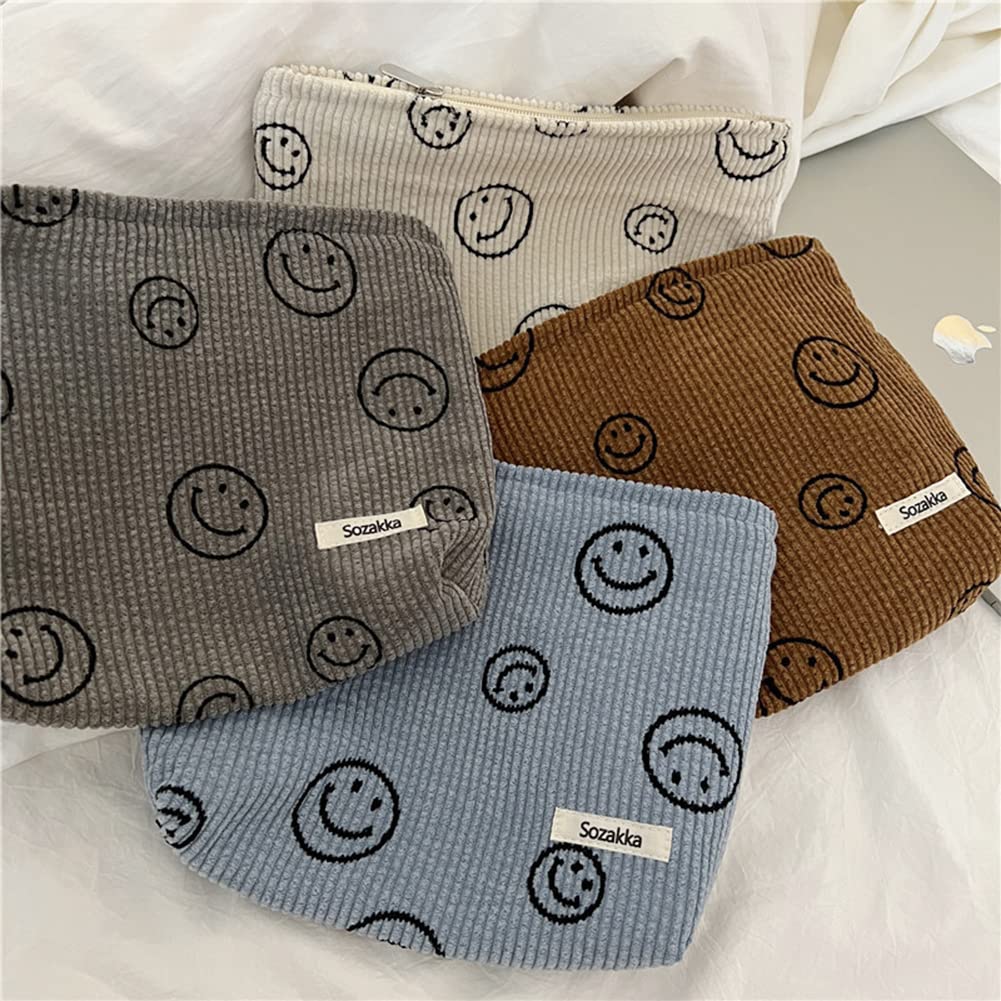 Corduroy Makeup Bag with Zipper - Cute Smile Print Cosmetic Pouch for Women & Girls | Travel Organizer, Sanitary Storage, Gift Idea