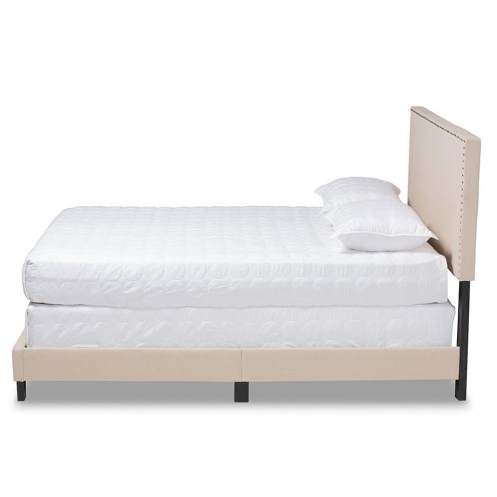 BOWERY HILL Full Size Beige Linen Upholstered Panel Bed with Nailhead Trim - Modern Bedroom Furniture for Master Bedroom, Guest Room & Apartment Decor