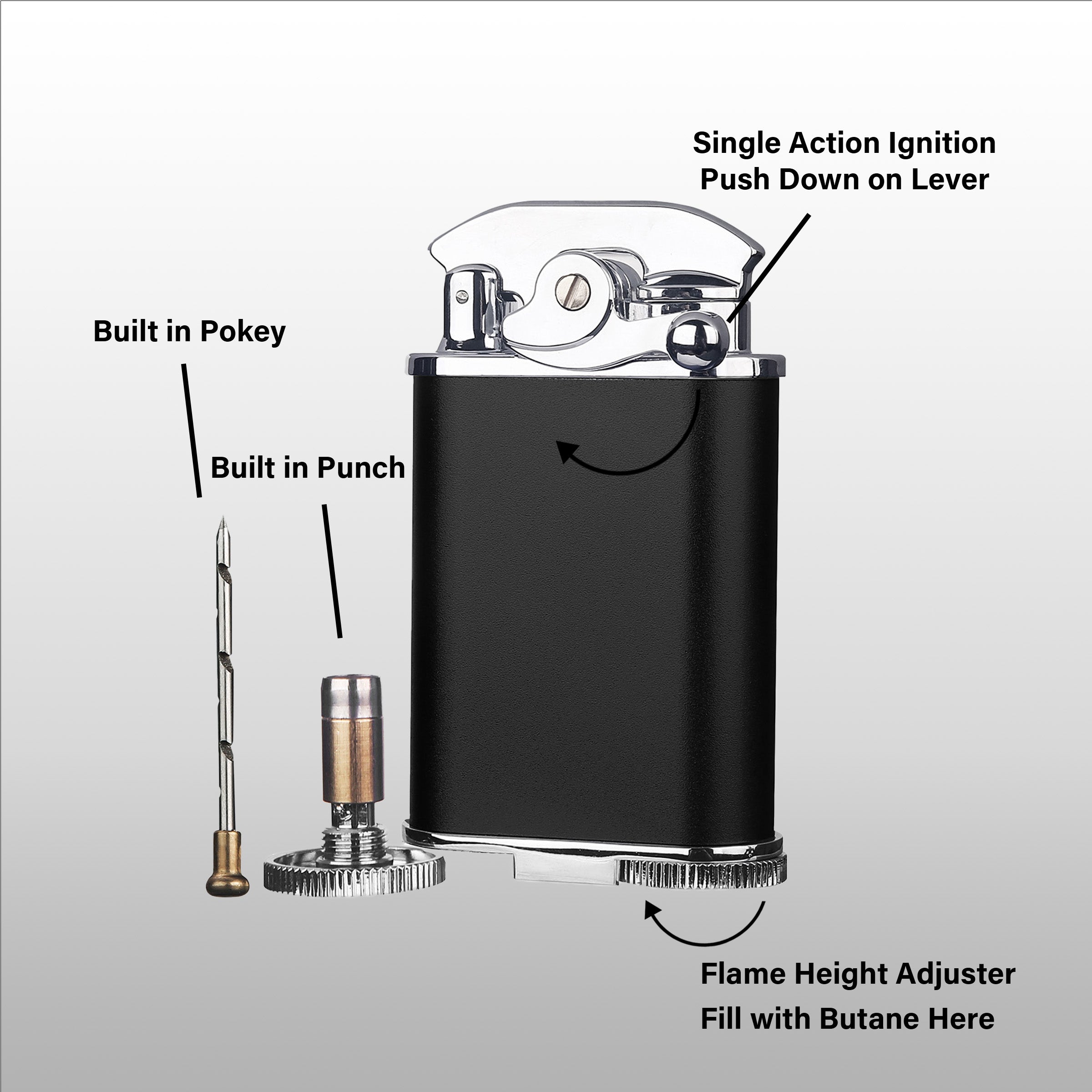 Visol Retro Butane Torch Lighter - Triple Flame Refillable Gas Lighter with Built-in Cutter, Detachable Poker & Windproof Adjustable Flame - Black & Chrome - Perfect for Cigars, Camping, BBQ & Outdoor Use