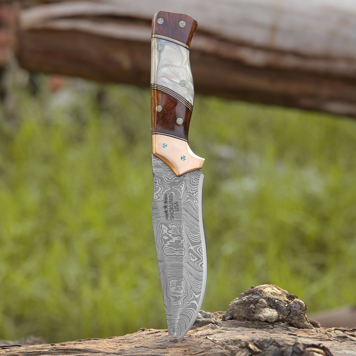 Premium Damascus Steel Hunting Knife with Mother of Pearl Inlay, Exotic Rosewood & Copper Handle - Perfect for Outdoor Adventures, Camping, and Survival Gear