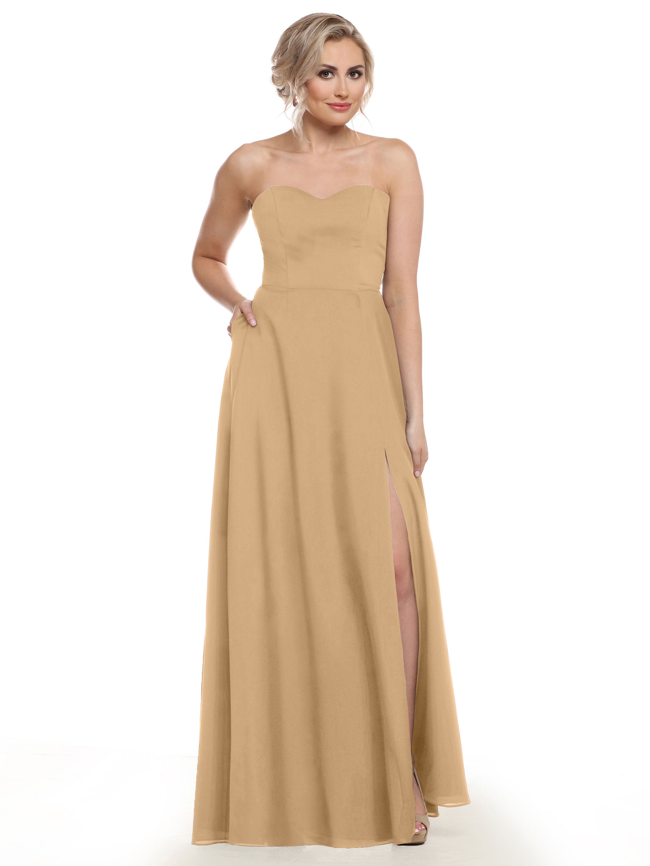 Strapless Stretch Chiffon A-Line Bridesmaid Dress with Pockets & Side Slit - Elegant Formal Wedding Party Gown for Bridesmaids, Evening Events & Special Occasions