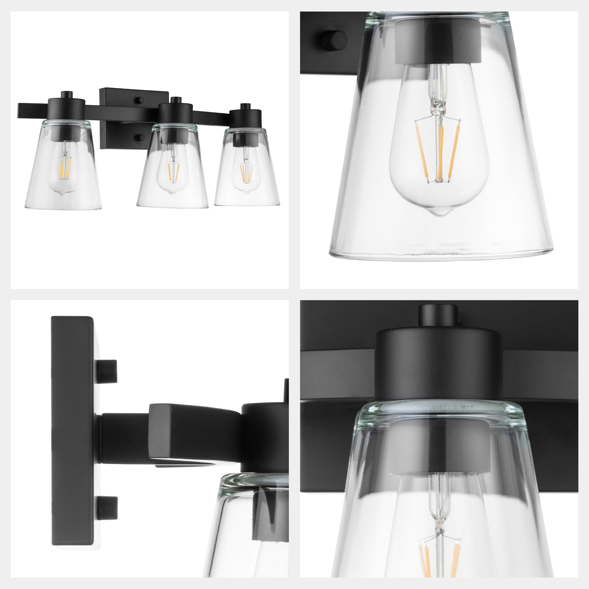 Fairendale 3-Light Vanity Light Fixture with Clear Glass Shades in Matte Black - Perfect for Bathroom, Bedroom, and Dressing Room Lighting