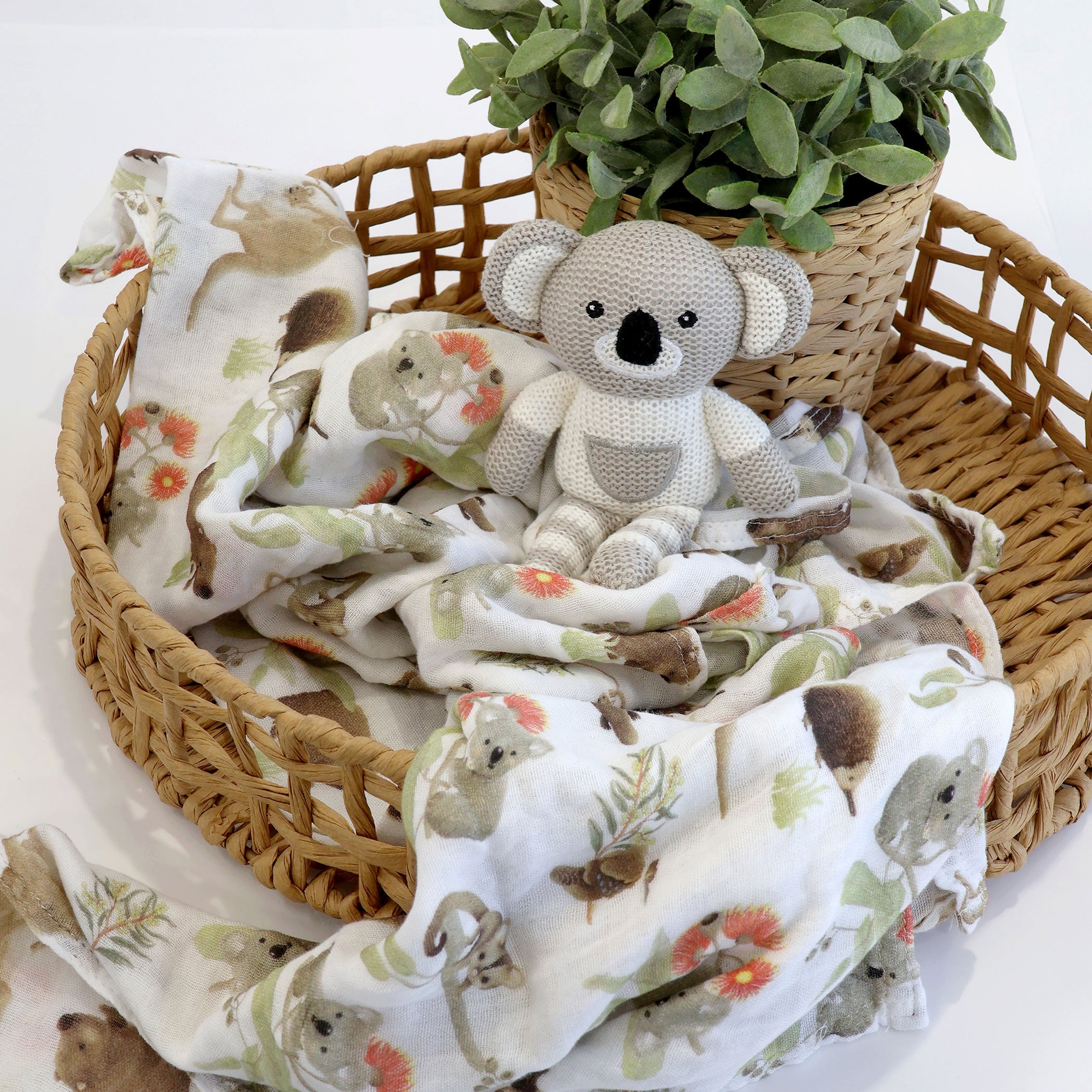 Aussie Animals Koala Muslin Swaddle Blanket & Knit Rattle Toy Gift Set for Newborns - Soft Baby Wrap & Crib Nursery Essentials for Shower, Photography & Travel