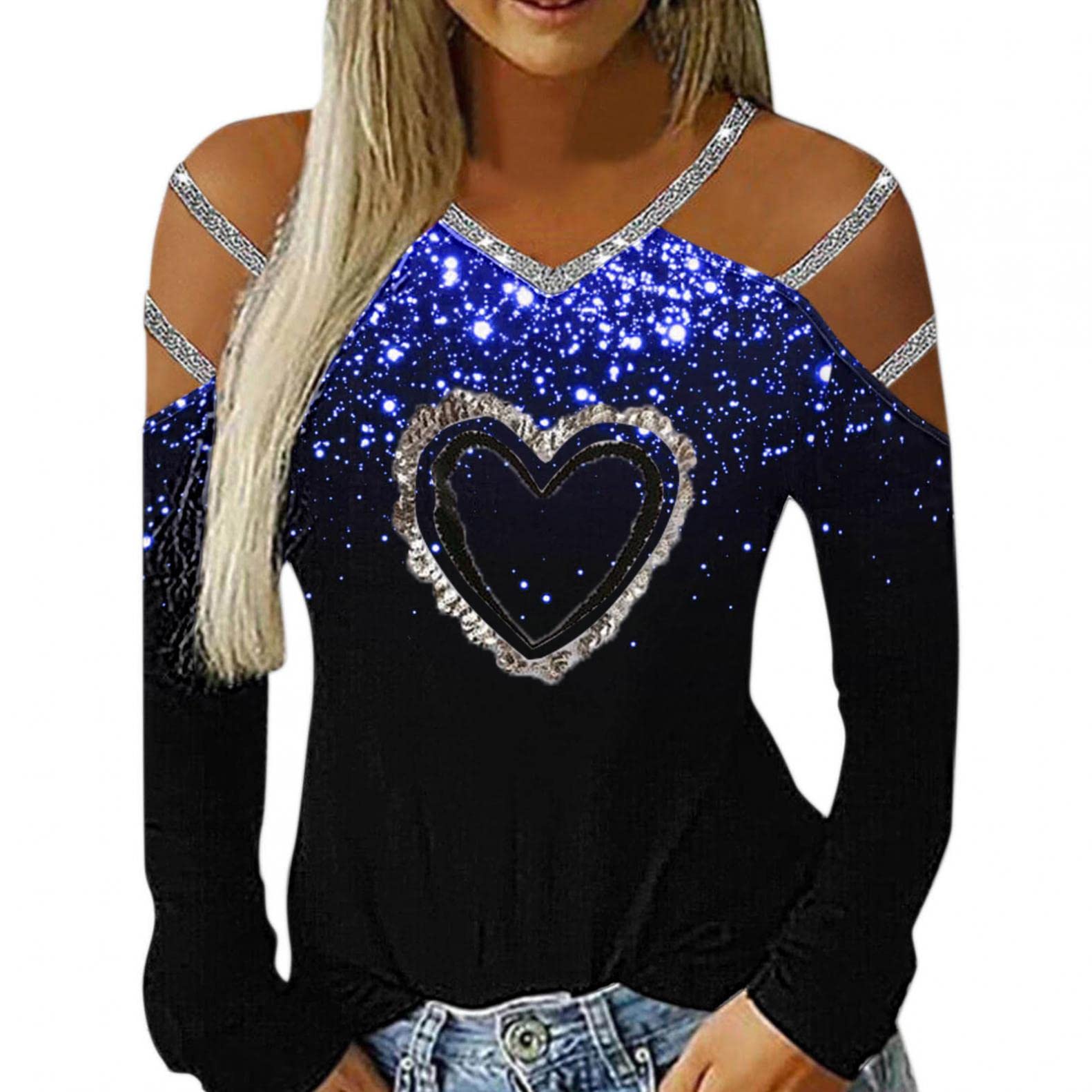 Elegant Valentine's Day Print Halter V-Neck Long Sleeve Blouse for Women - Perfect for Date Nights, Parties & Romantic Occasions